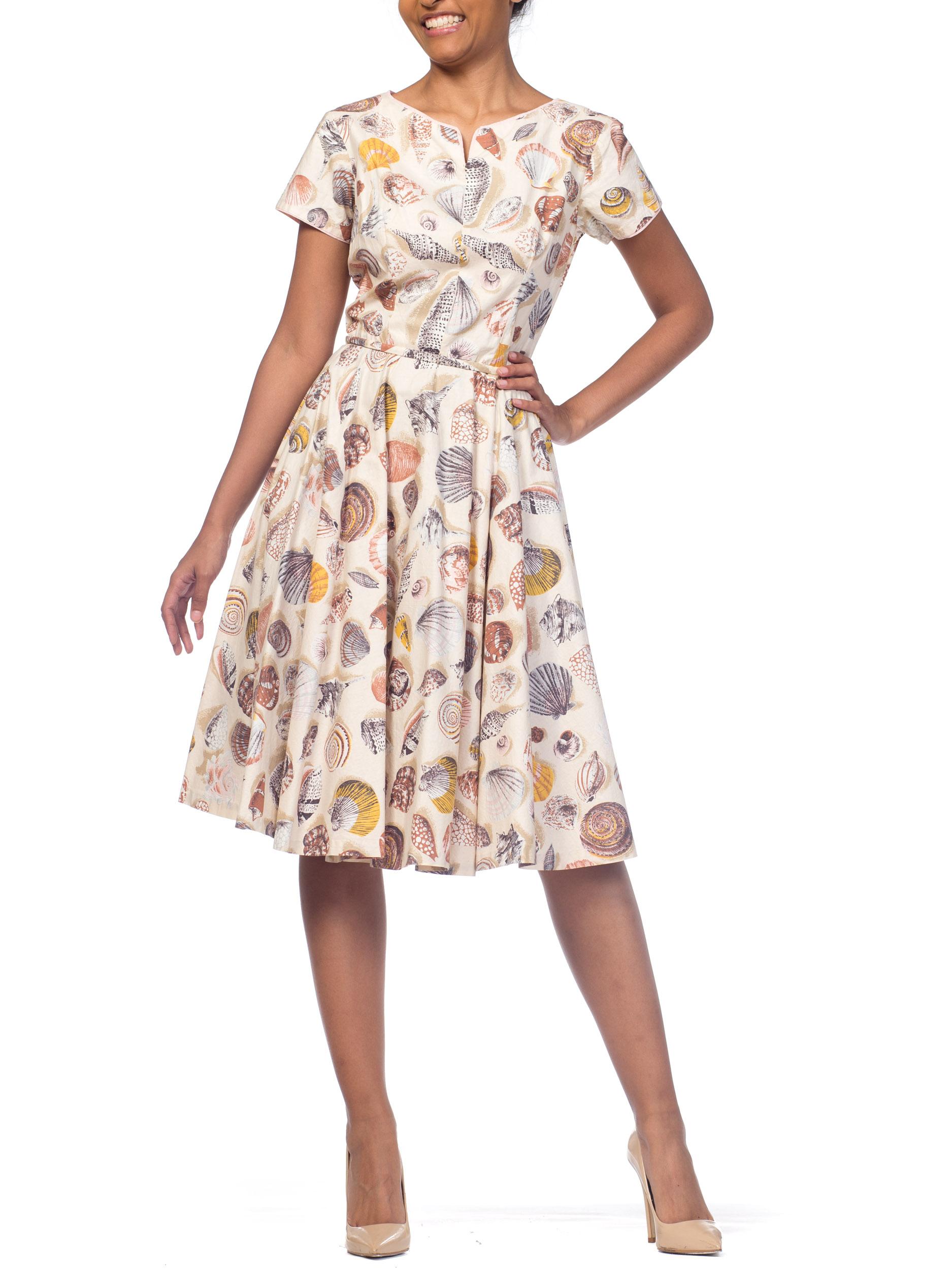 1950s Fit & Flare Cotton Circle Skirt Seashell SeaShore Dress 2