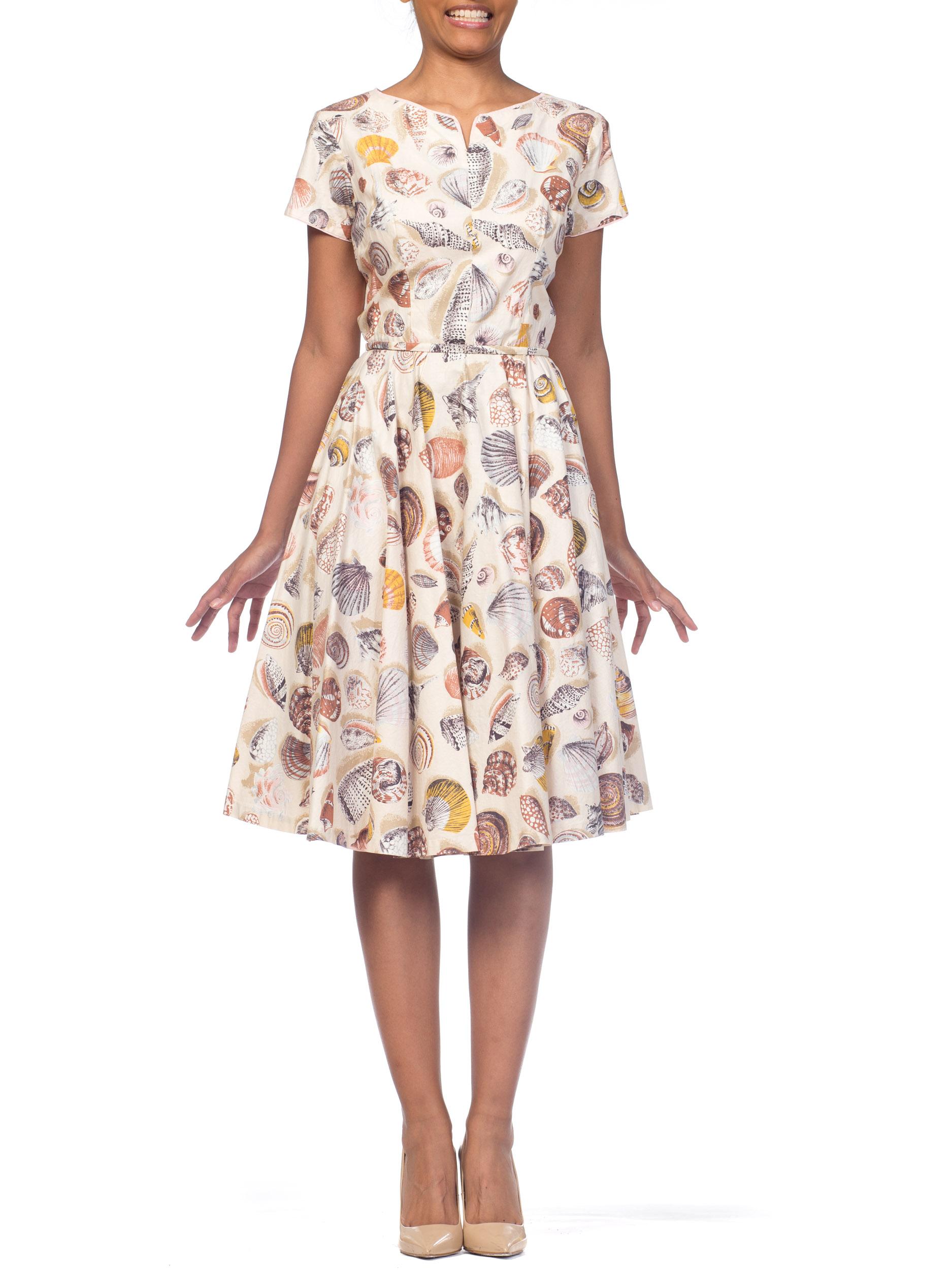 1950s Fit & Flare Cotton Circle Skirt Seashell SeaShore Dress 3