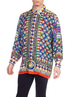 1990S GIANNI VERSACE Multicolor Geometric Silk Men's Shirt Sz 50