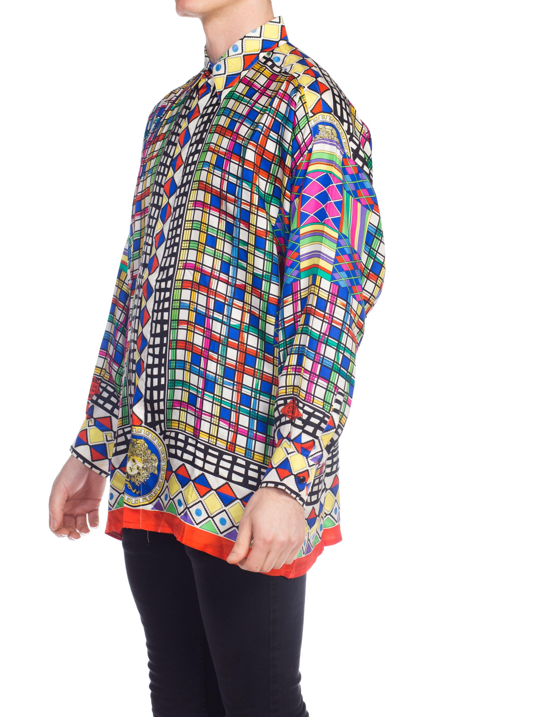 Beige 1990S GIANNI VERSACE Multicolor Geometric Silk Men's Shirt Sz 50 For Sale