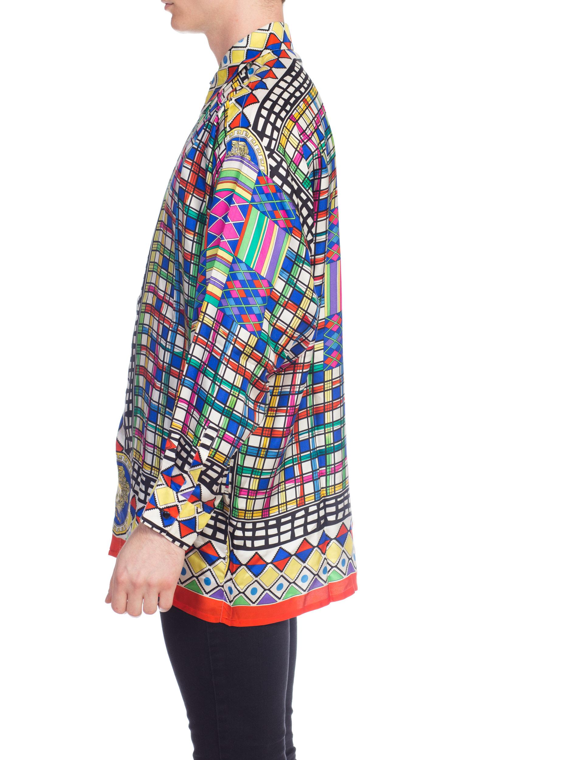 1990S GIANNI VERSACE Multicolor Geometric Silk Men's Shirt Sz 50 In Excellent Condition For Sale In New York, NY