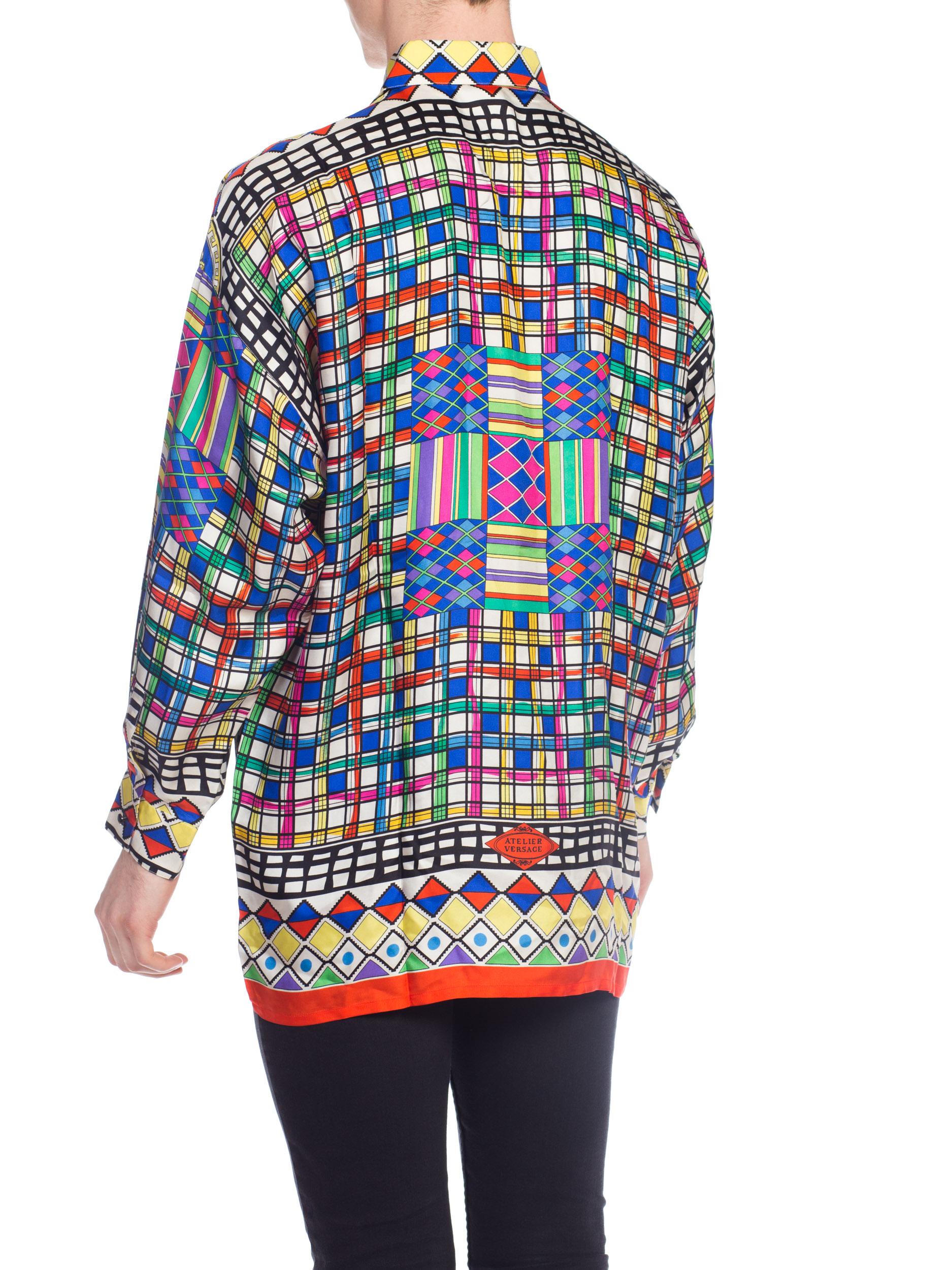 1990S GIANNI VERSACE Multicolor Geometric Silk Men's Shirt Sz 50 For Sale 1