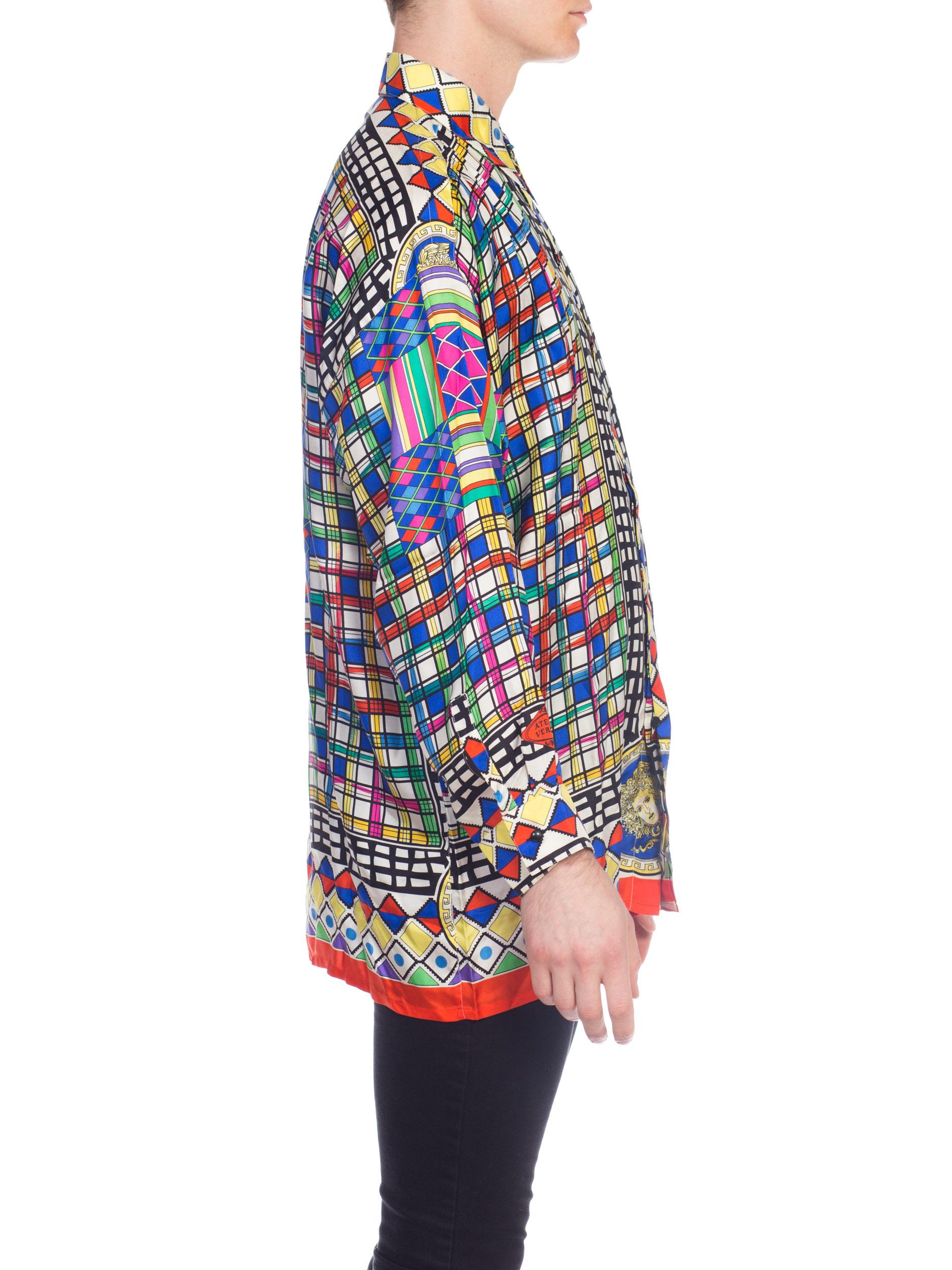 1990S GIANNI VERSACE Multicolor Geometric Silk Men's Shirt Sz 50 For Sale 4