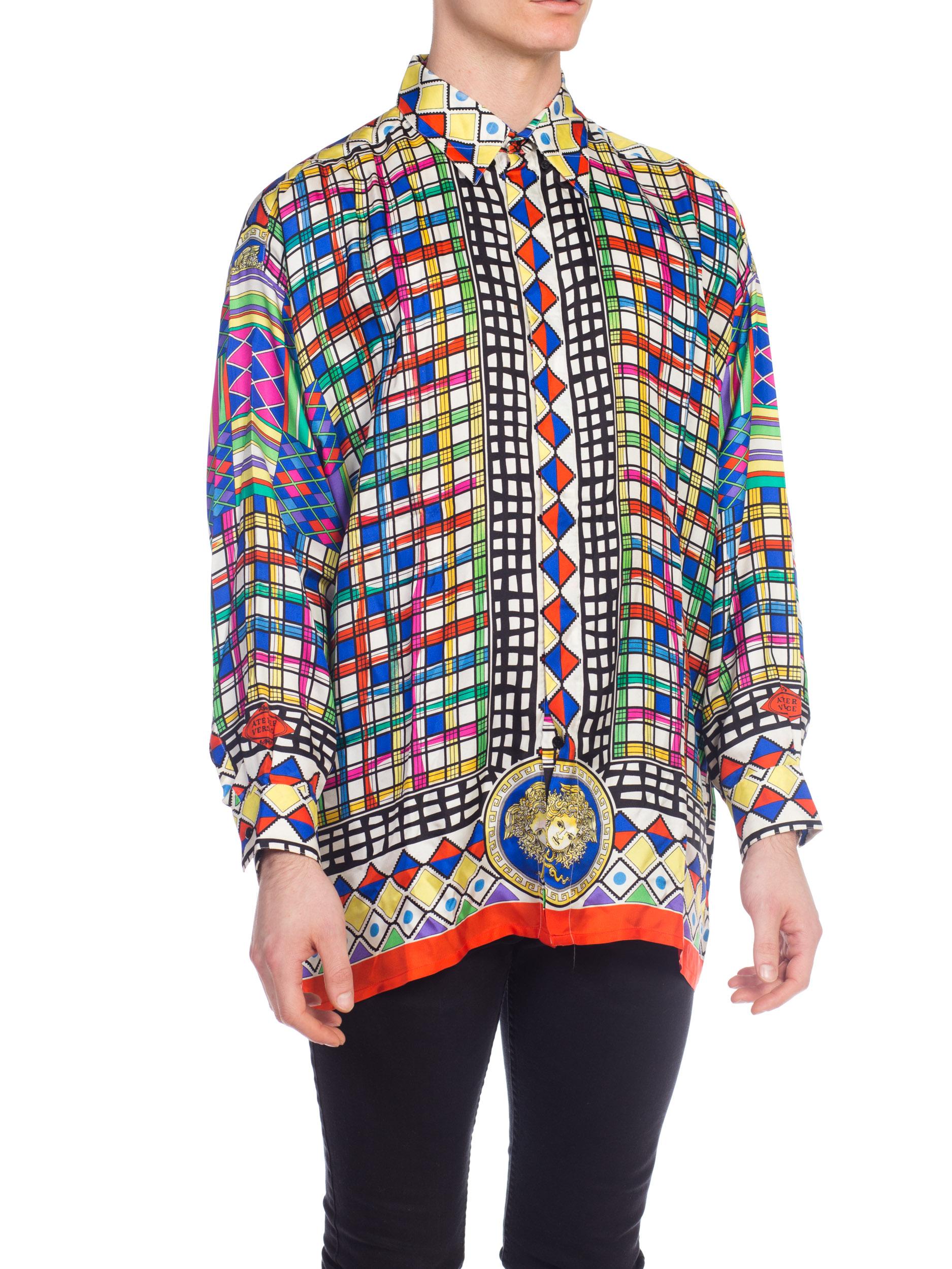 1990S GIANNI VERSACE Multicolor Geometric Silk Men's Shirt Sz 50 For Sale 5
