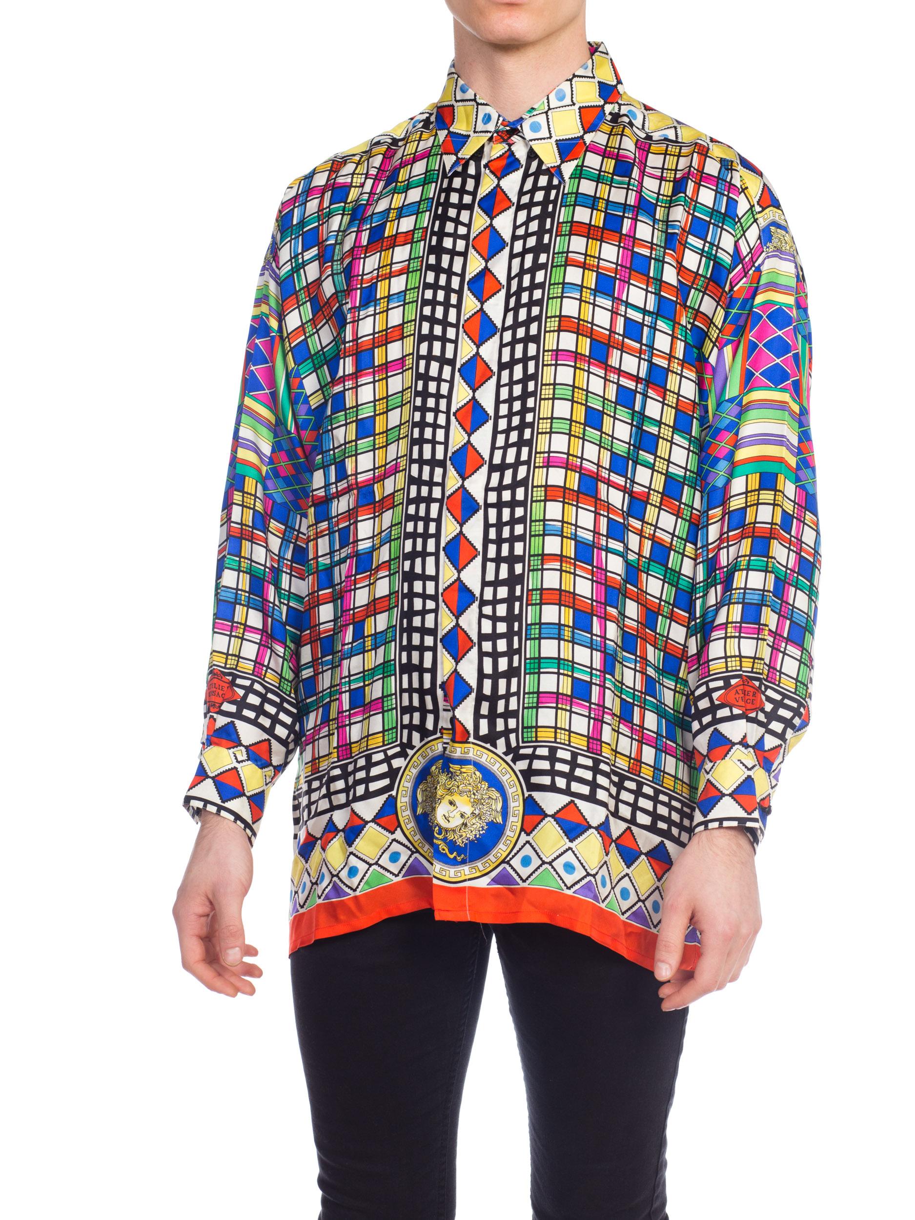 1990S GIANNI VERSACE Multicolor Geometric Silk Men's Shirt Sz 50 For Sale 6