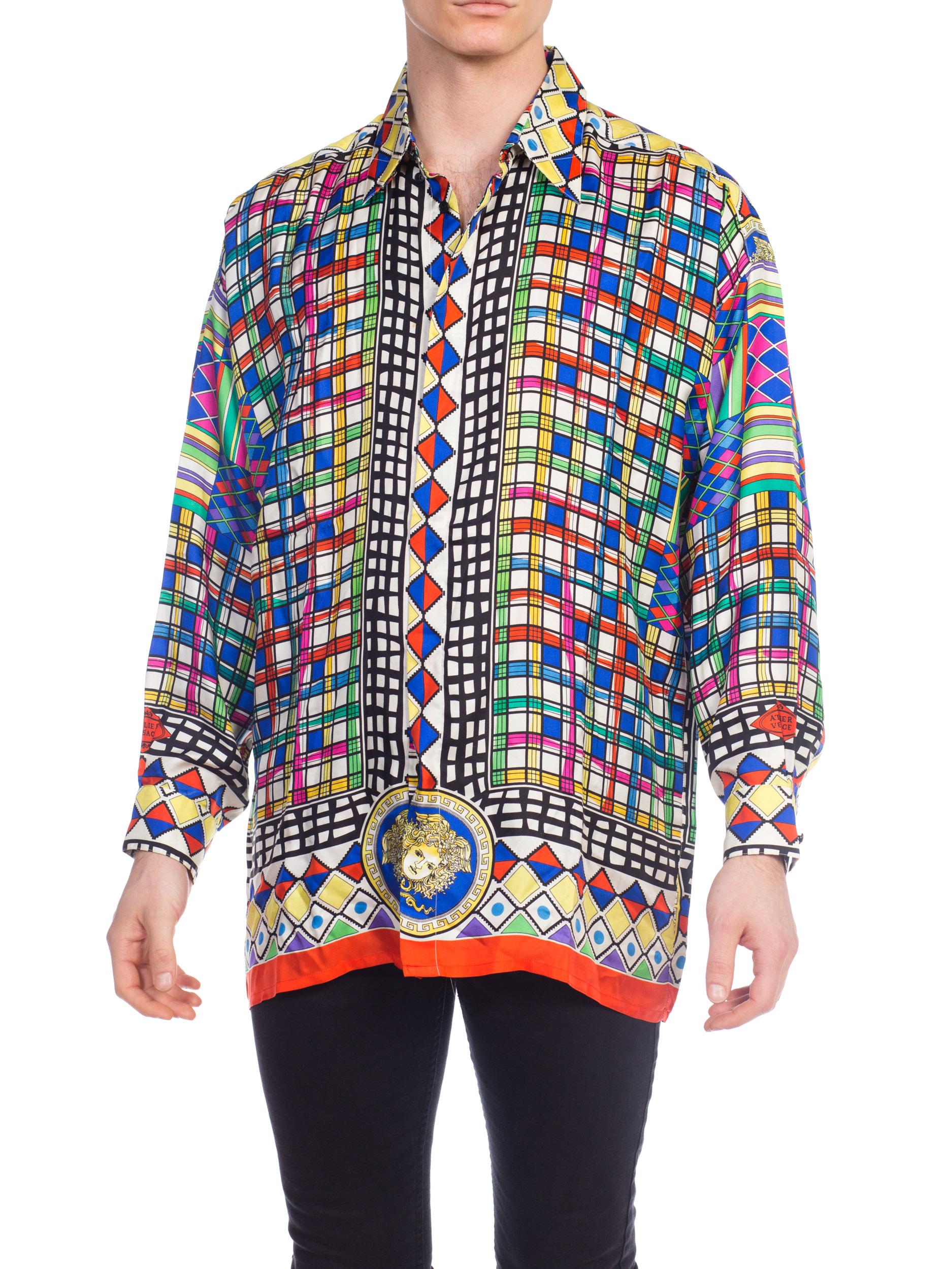 1990S GIANNI VERSACE Multicolor Geometric Silk Men's Shirt Sz 50 For Sale 7