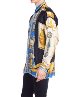 1990S GIANNI VERSACE Silk Men's 18Th Century Ships Nautical Print Shirt Sz 48