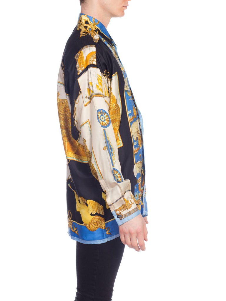 1990S GIANNI VERSACE Silk Men's 18Th Century Ships Nautical Print Shirt