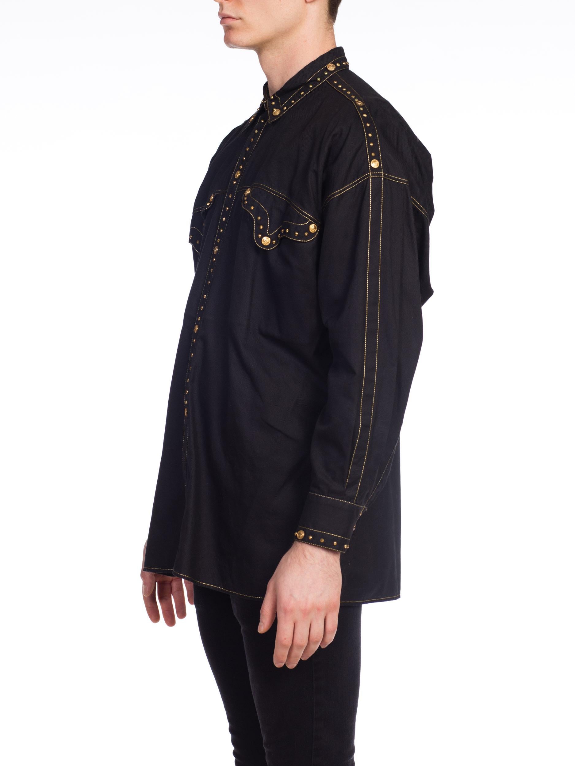 Black 1990S GIANNI VERSACE Men's Shirt With Gold Medusa Studs & Metallic Embroidery