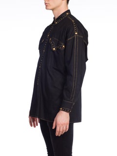 1990S GIANNI VERSACE Men's Shirt With Gold Medusa Studs & Metallic Embroidery