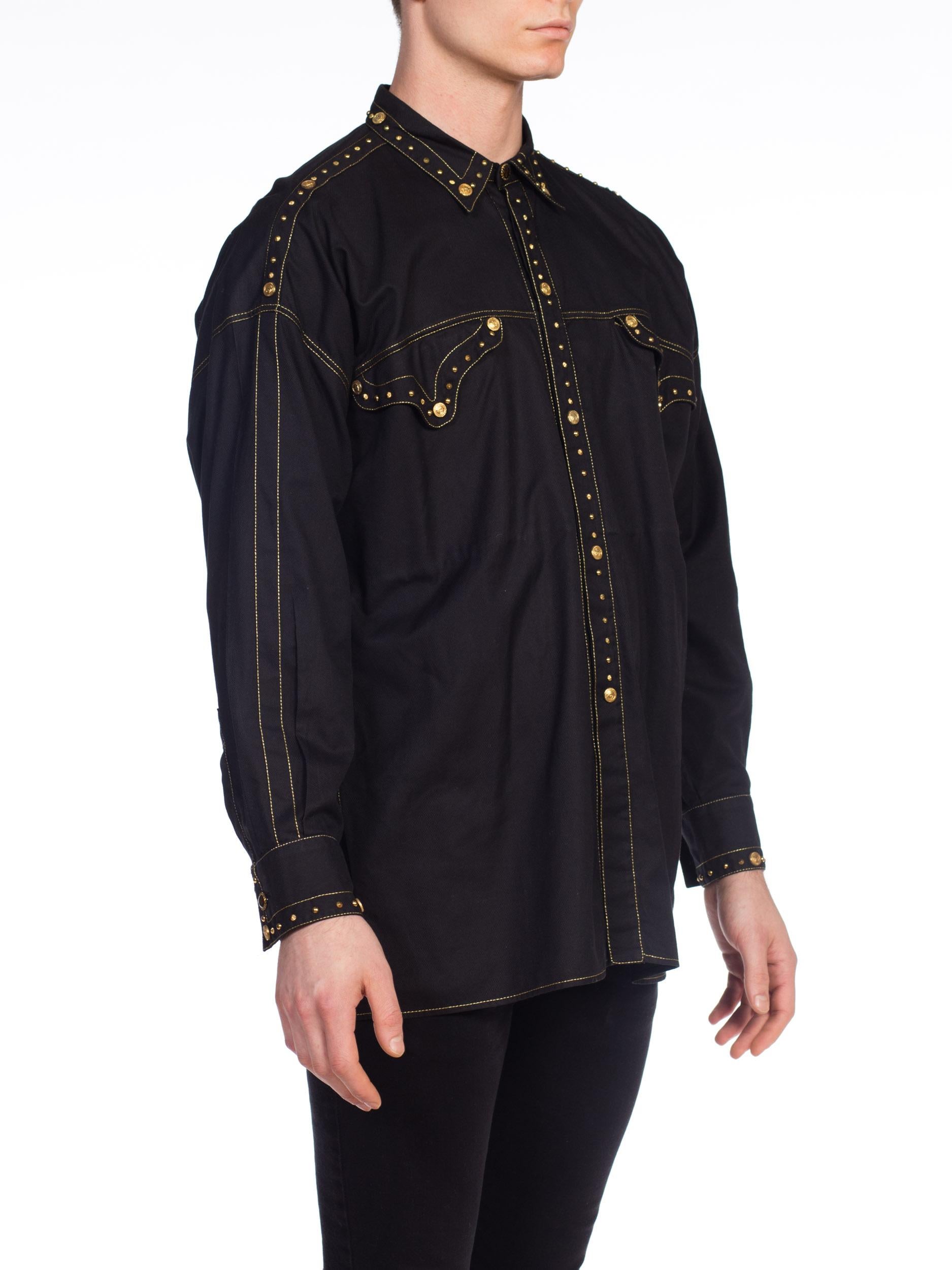 1990S GIANNI VERSACE Men's Shirt With Gold Medusa Studs & Metallic Embroidery 5