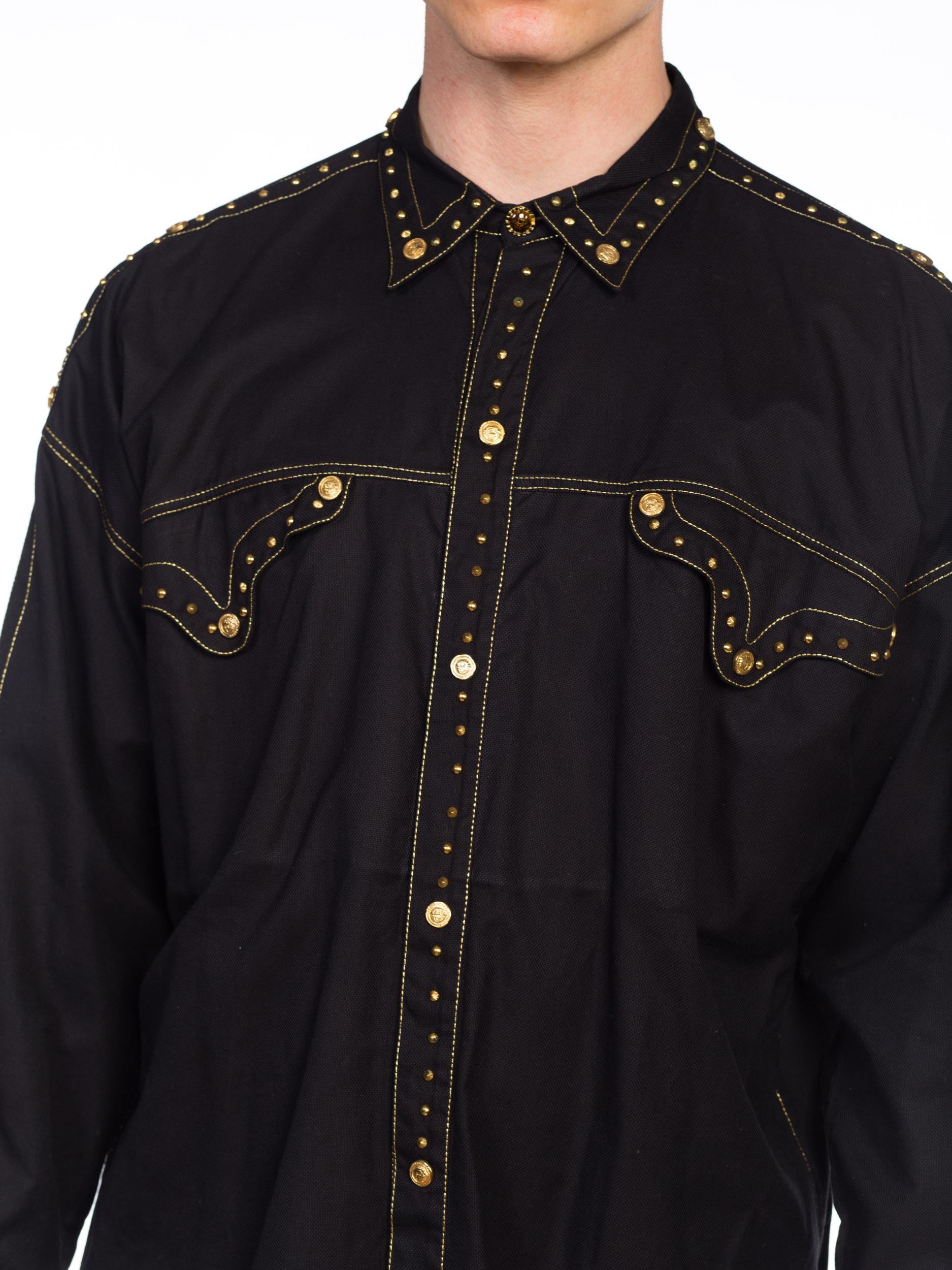 1990S GIANNI VERSACE Men's Shirt With Gold Medusa Studs & Metallic Embroidery 6