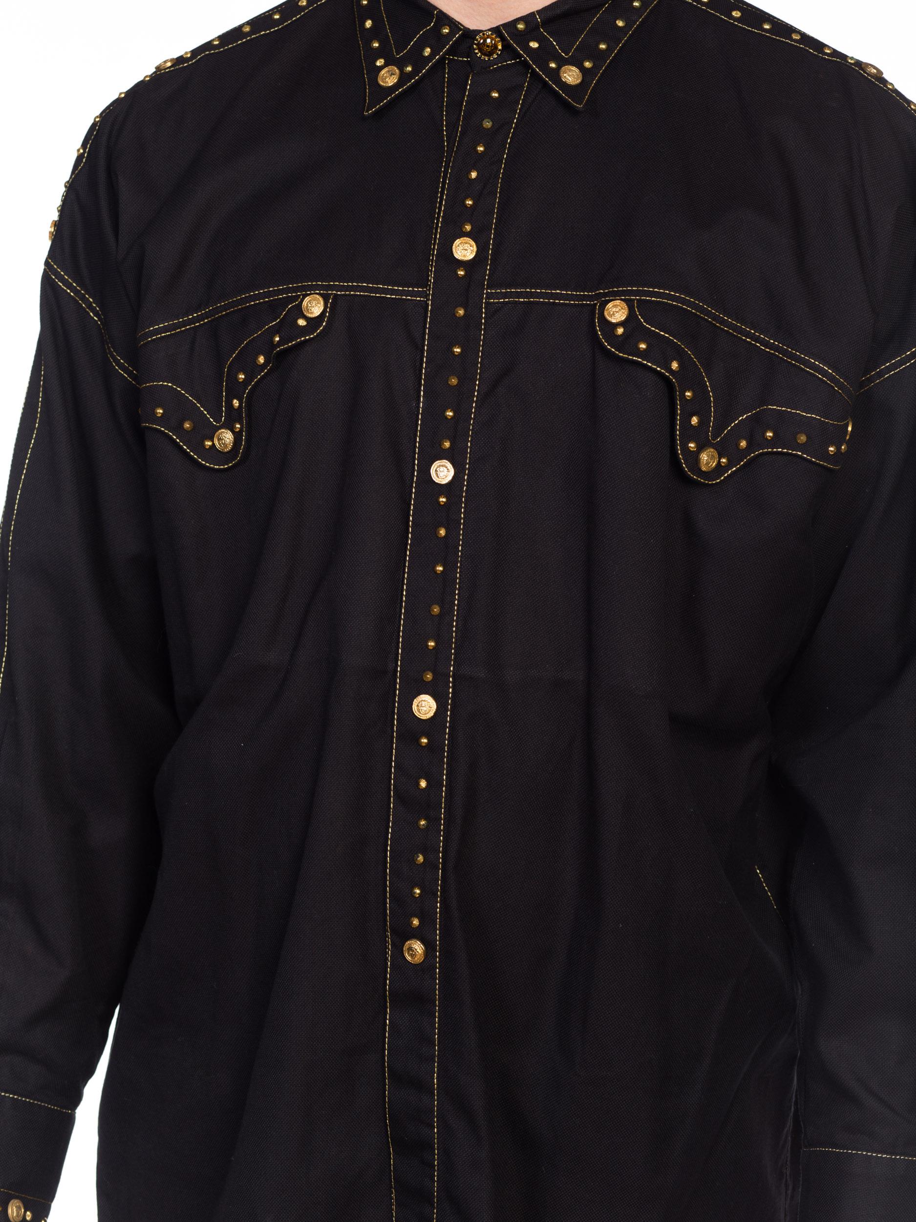 1990S GIANNI VERSACE Men's Shirt With Gold Medusa Studs & Metallic Embroidery 7