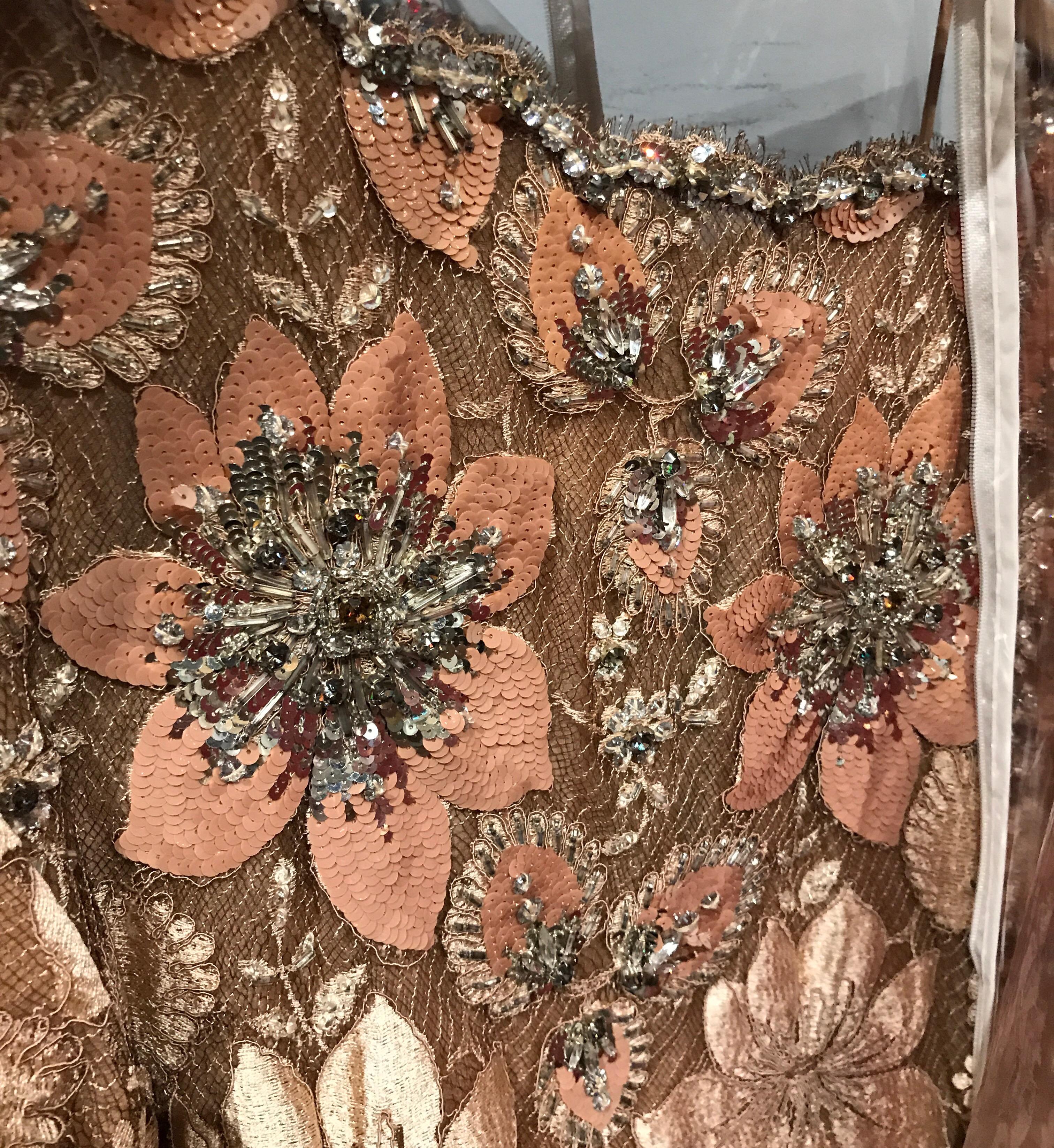 1980S GALANOS Blush Pink Silk Crystal & Sequin Beaded Lace Blouse With Chiffon For Sale 12
