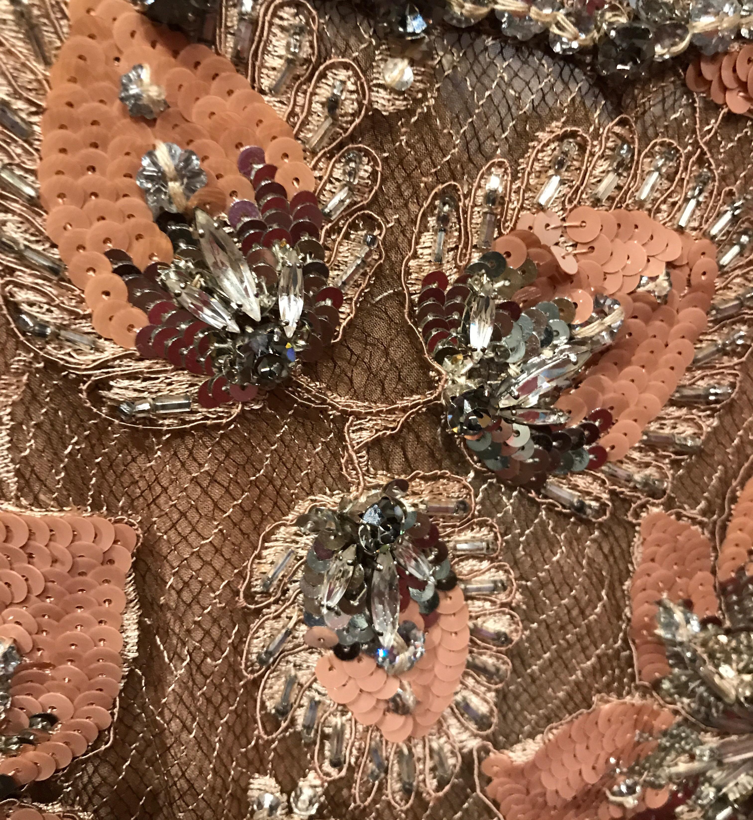 1980S GALANOS Blush Pink Silk Crystal & Sequin Beaded Lace Blouse With Chiffon For Sale 13