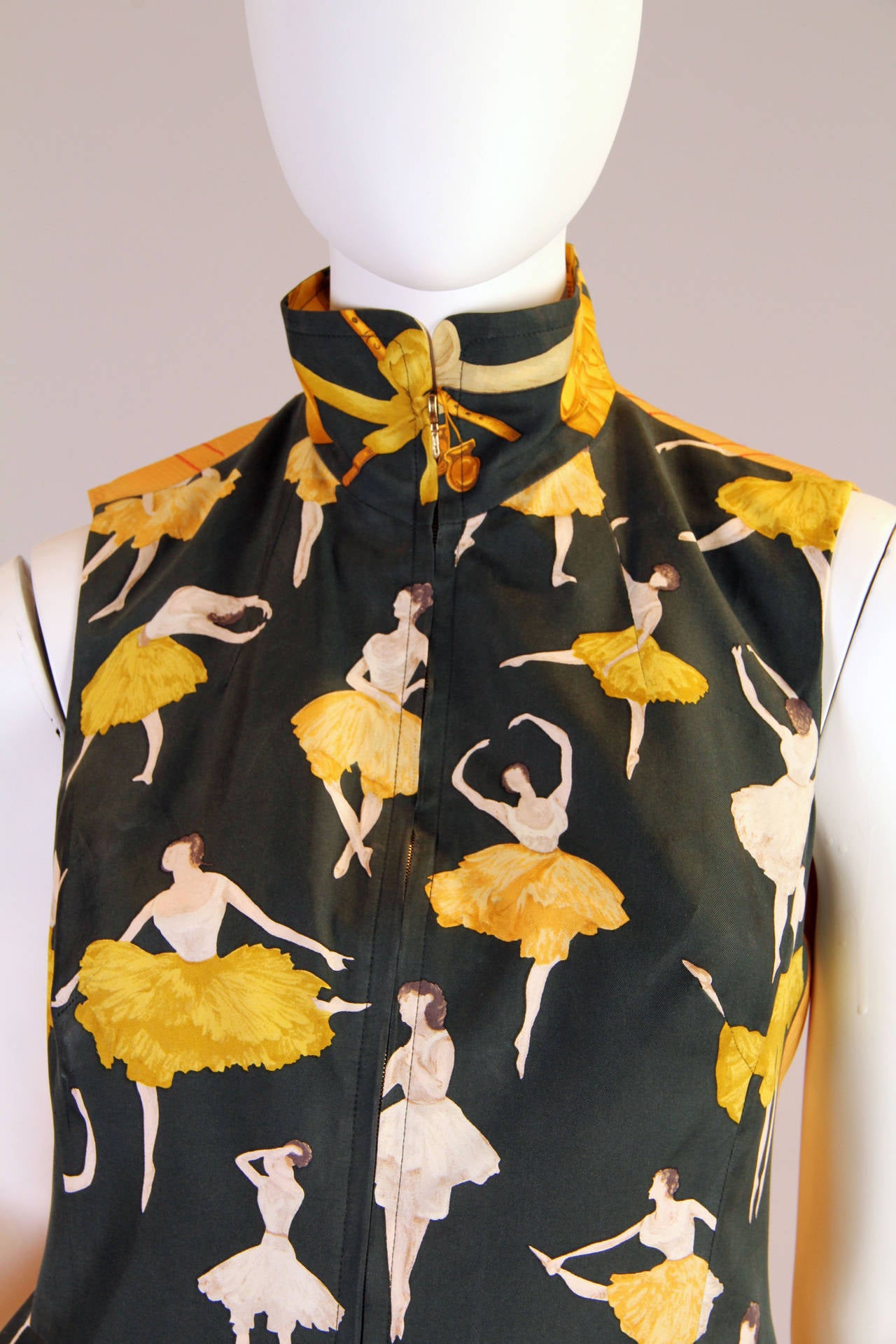 1990S HERMES Dark Green Hand Printed Silk Ballerina Vest Top 1