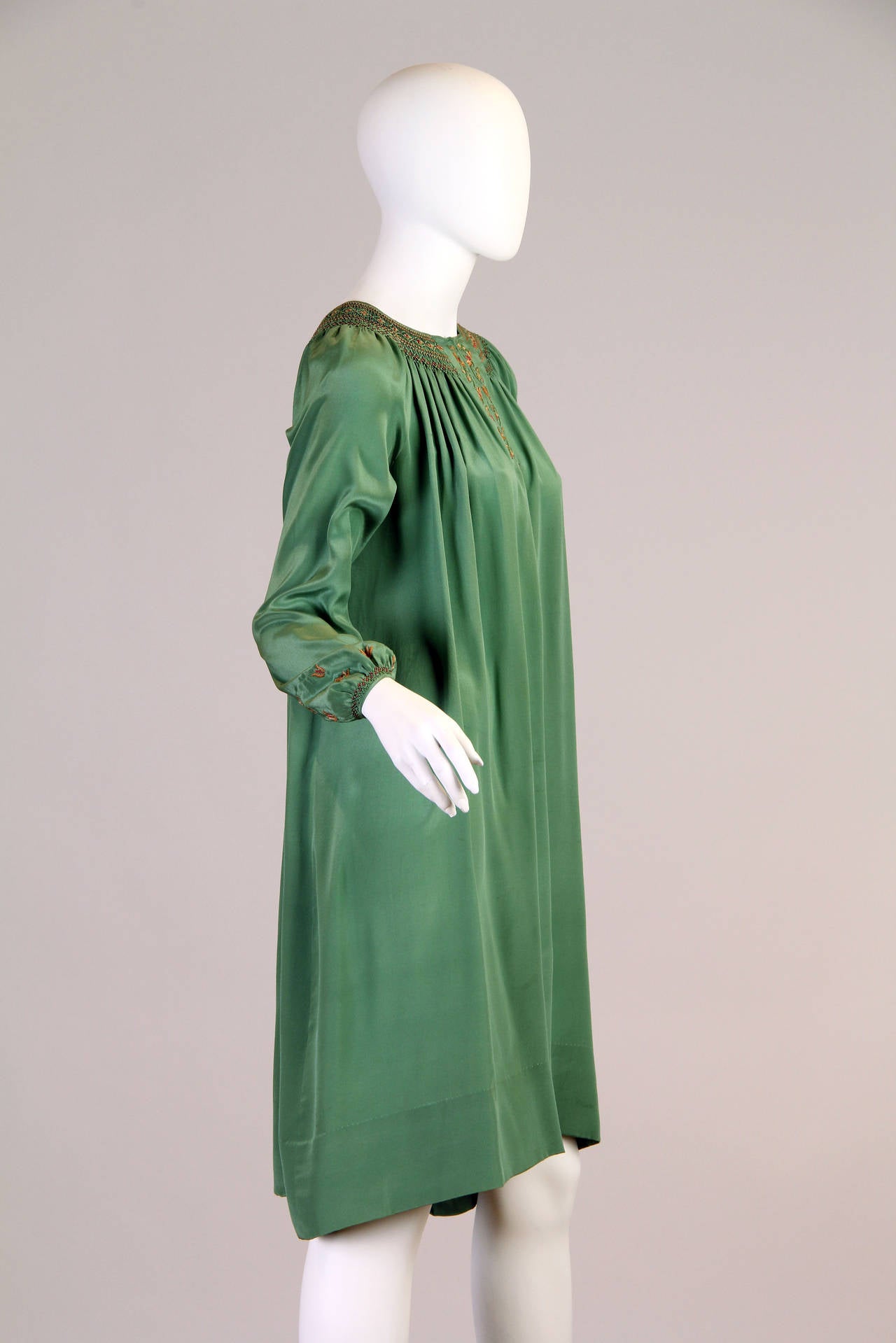1920s Liberty and Co. Green Silk Embroidered Peasant Dress at 1stDibs