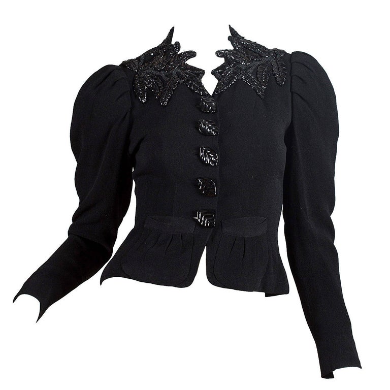 1930S  ELSA SCHIAPARELLI Black Haute Couture Silk Crepe Pagan Collection Embroi
