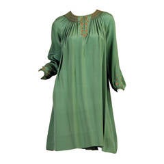 1920s Liberty & Co. Green Silk Embroidered Peasant Dress