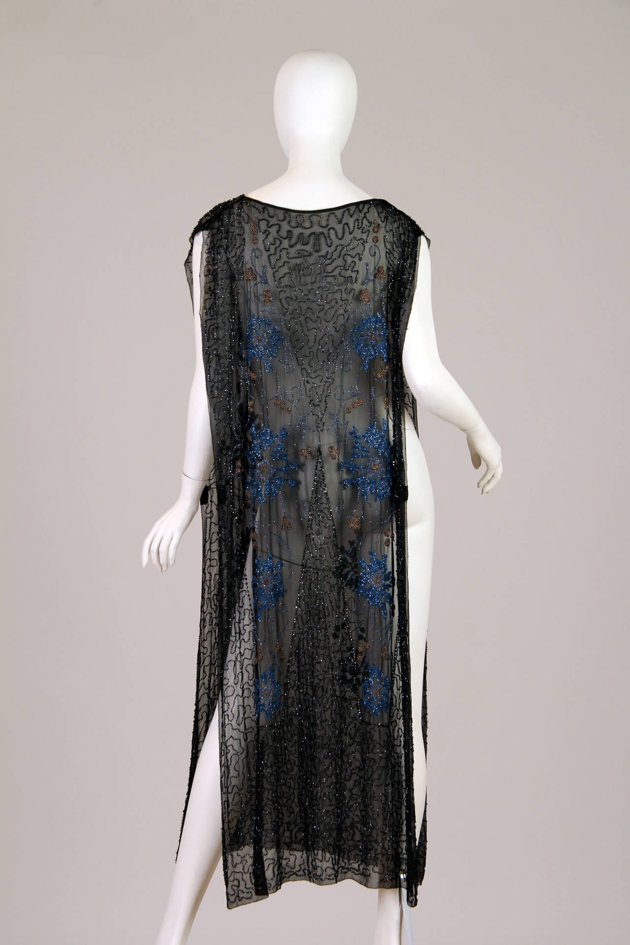 1920S Black Beaded Silk Chiffon Art Deco Era Tabard Flapper Dress With Blue Flo In Excellent Condition In New York, NY