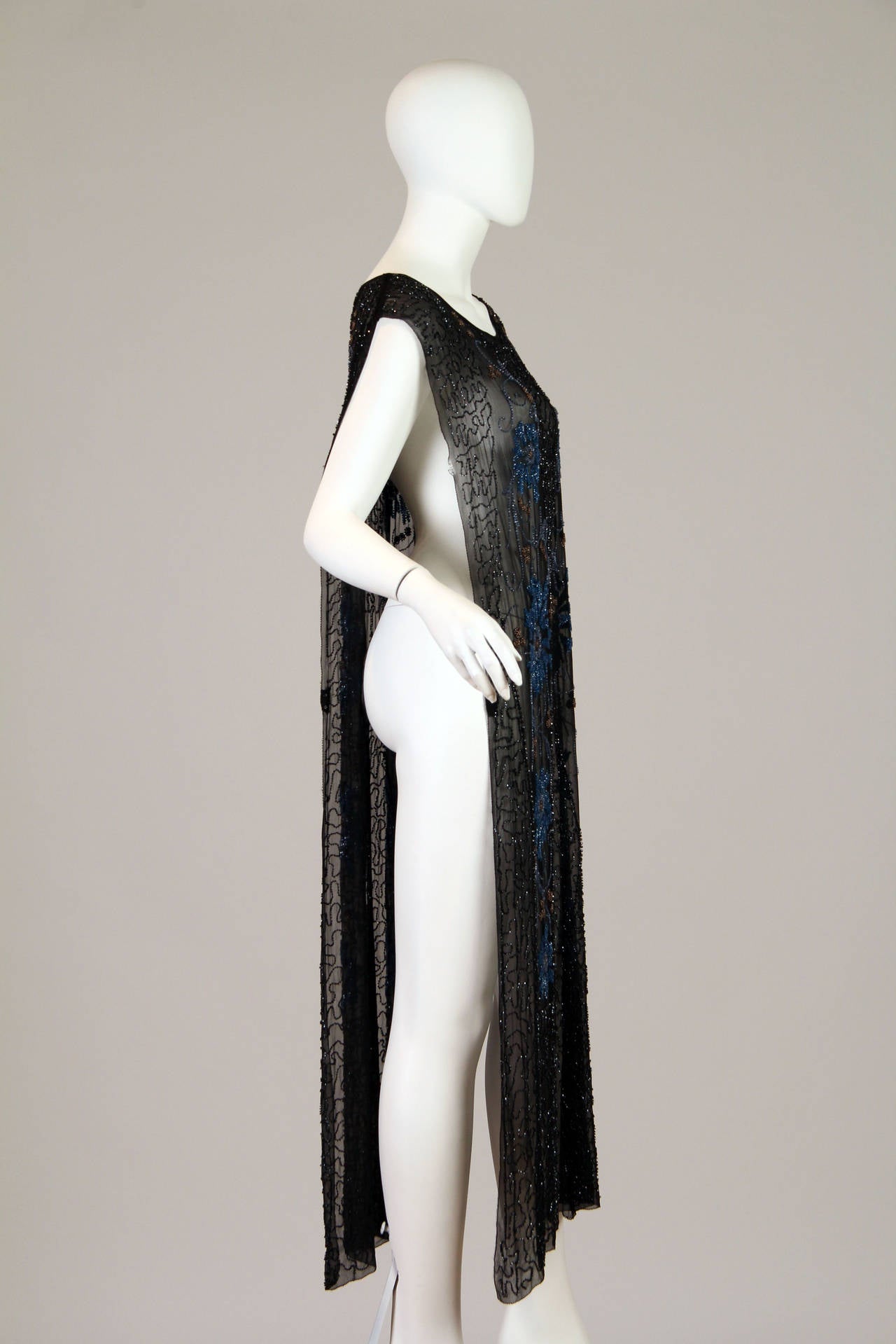 Women's 1920S Black Beaded Silk Chiffon Art Deco Era Tabard Flapper Dress With Blue Flo