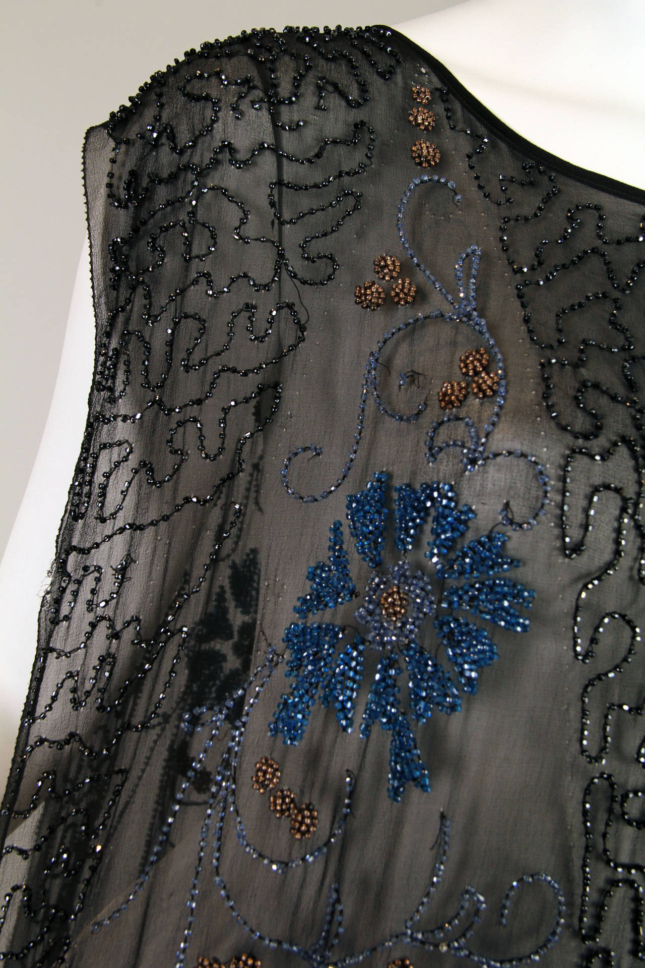 1920S Black Beaded Silk Chiffon Art Deco Era Tabard Flapper Dress With Blue Flo 4