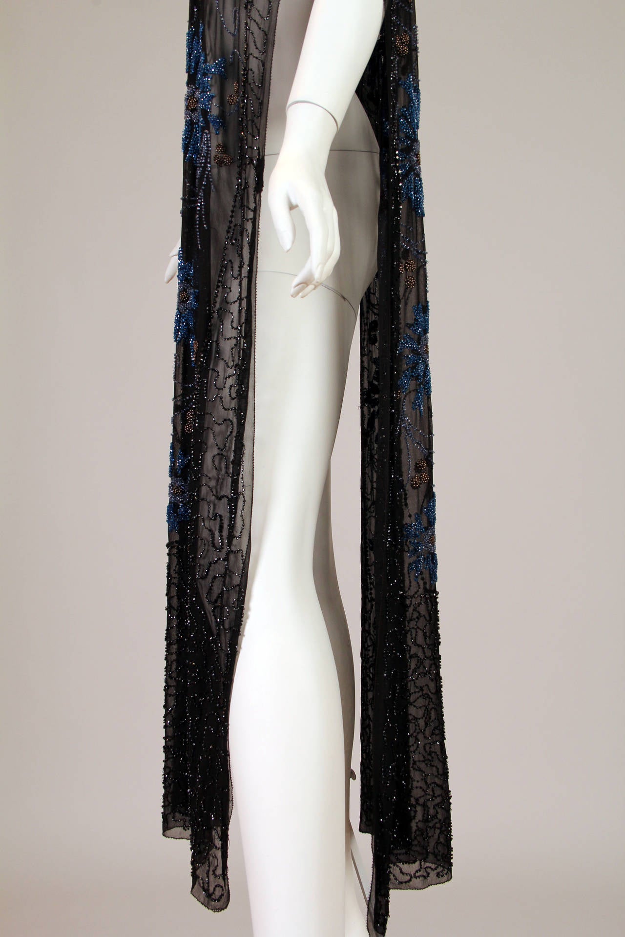 1920S Black Beaded Silk Chiffon Art Deco Era Tabard Flapper Dress With Blue Flo 1