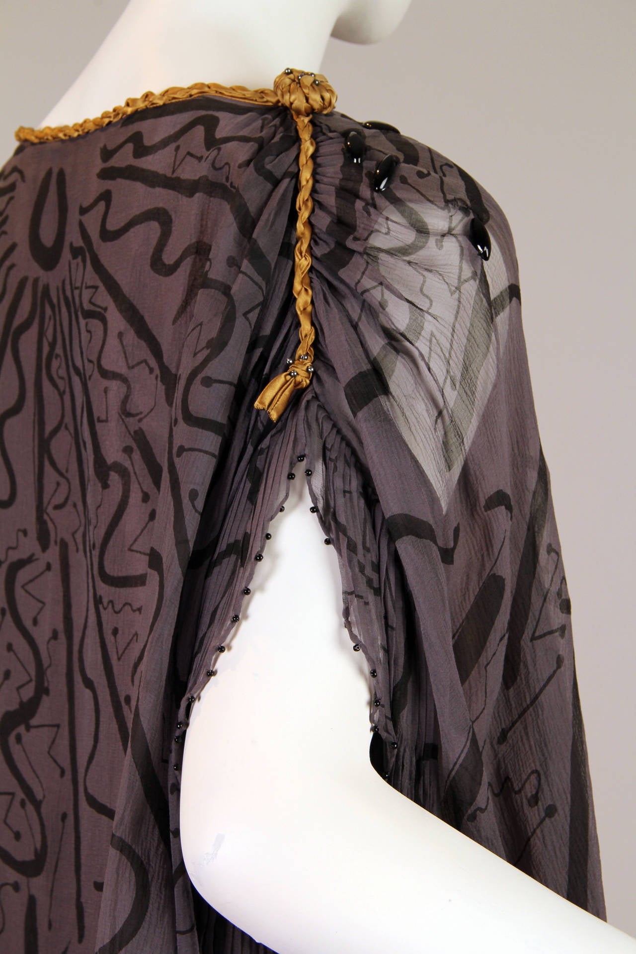 Women's 1980S ZANDRA RHODES Grey Silk Chiffon Dress With Pleating & Beading