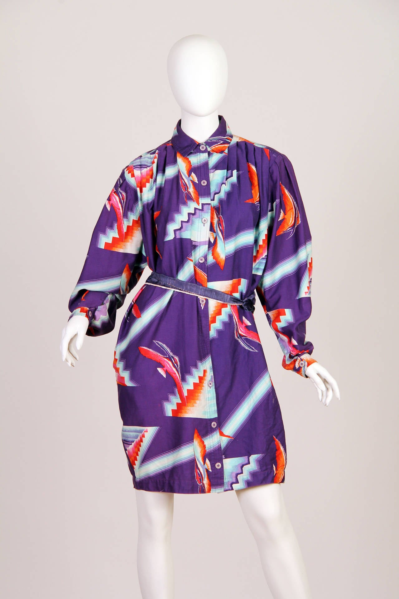 1980S KANSAI YAMAMOTO Printed Abstract Cotton  Tunic Oversized Shirt Dress With Pockets