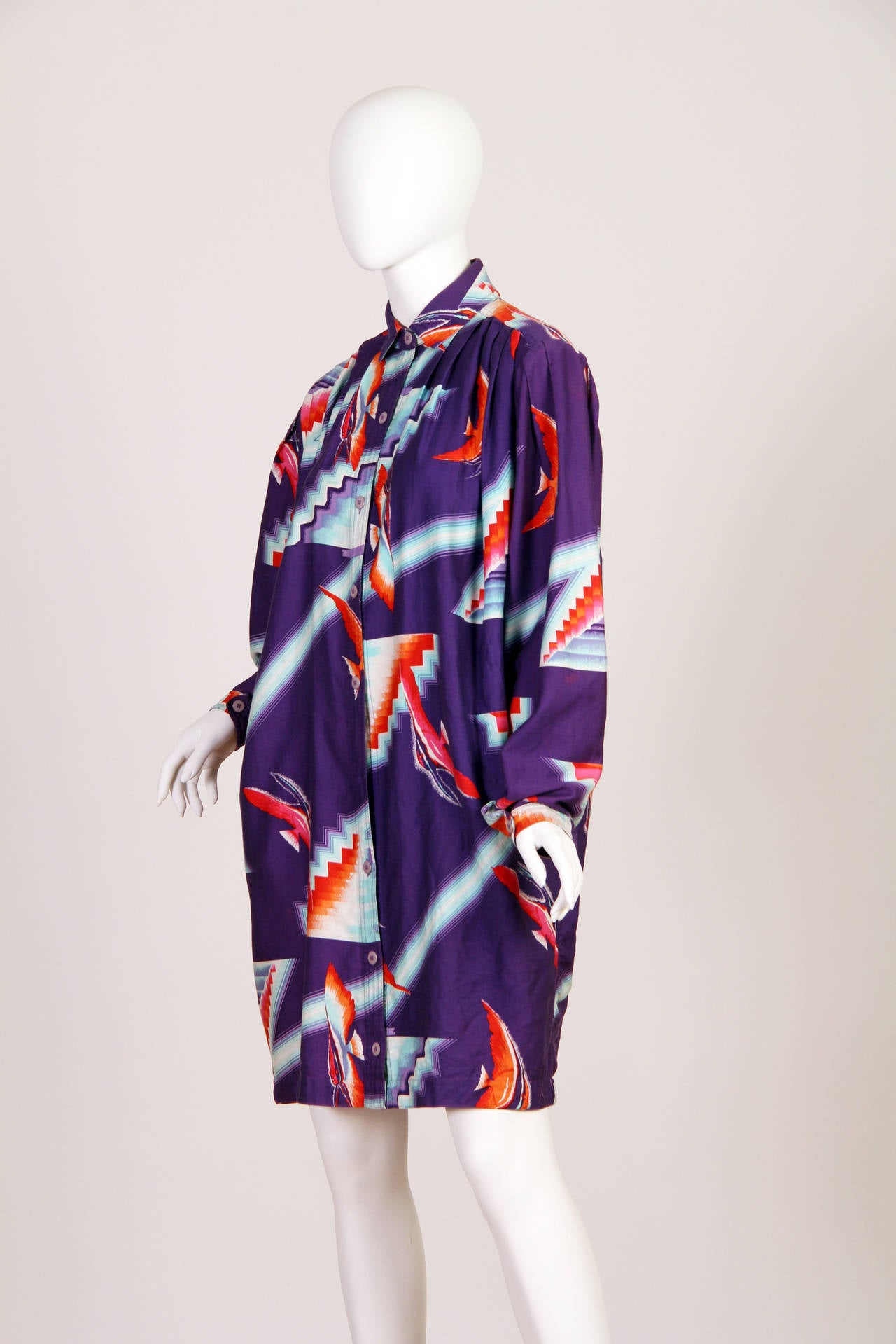 1980S KANSAI YAMAMOTO Printed Abstract Cotton  Tunic Oversized Shirt Dress With In Excellent Condition In New York, NY