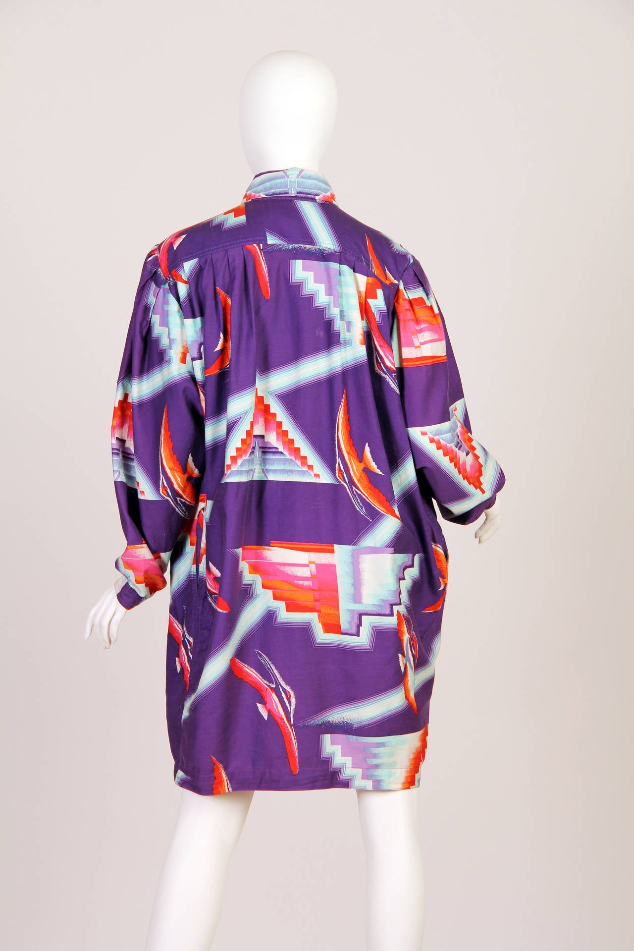 Purple 1980S KANSAI YAMAMOTO Printed Abstract Cotton  Tunic Oversized Shirt Dress With