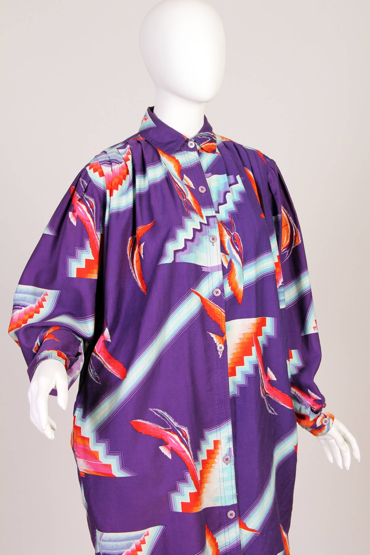 1980S KANSAI YAMAMOTO Printed Abstract Cotton  Tunic Oversized Shirt Dress With 1