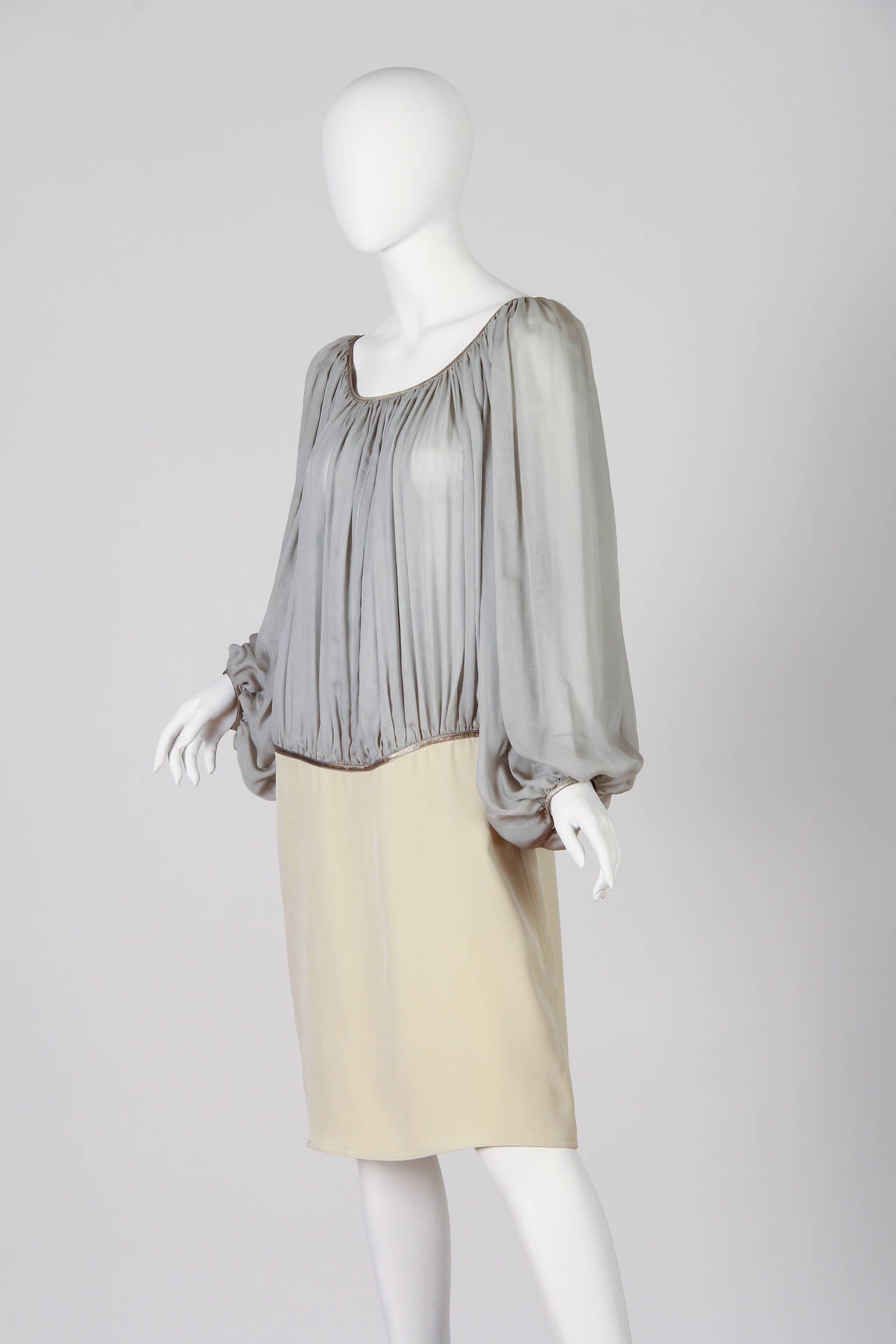 Gray 1980S GEOFFREY BEENE Cream & Grey Silk Chiffon Crepe Dress With Metallic Details