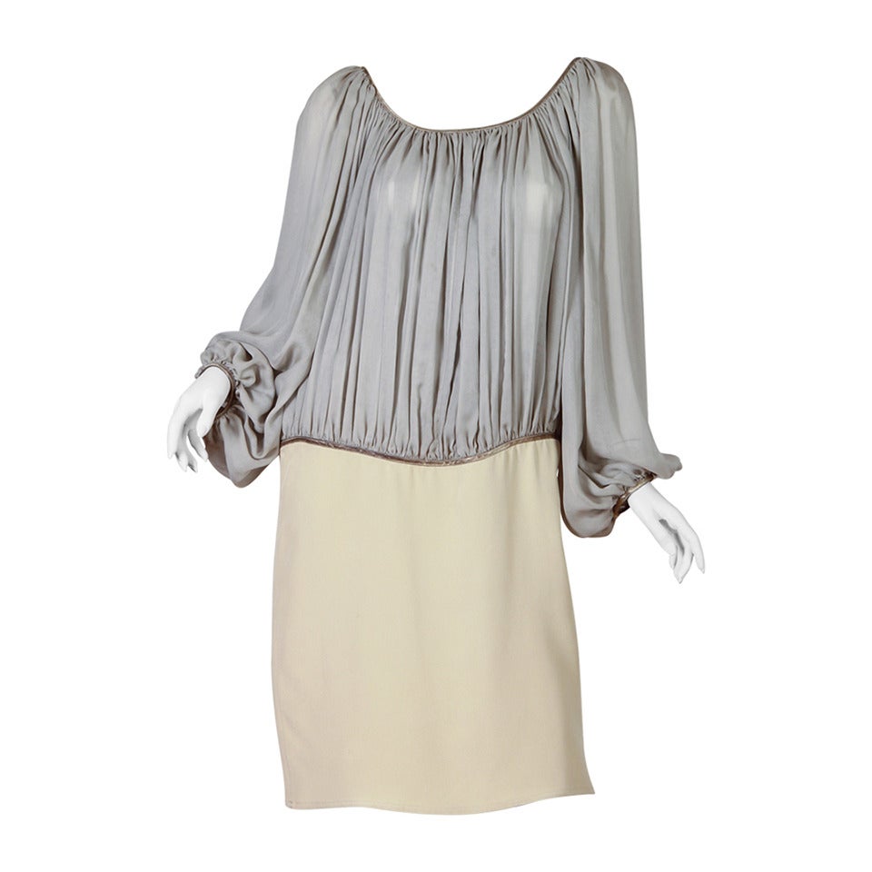 1980S GEOFFREY BEENE Cream & Grey Silk Chiffon Crepe Dress With Metallic Details