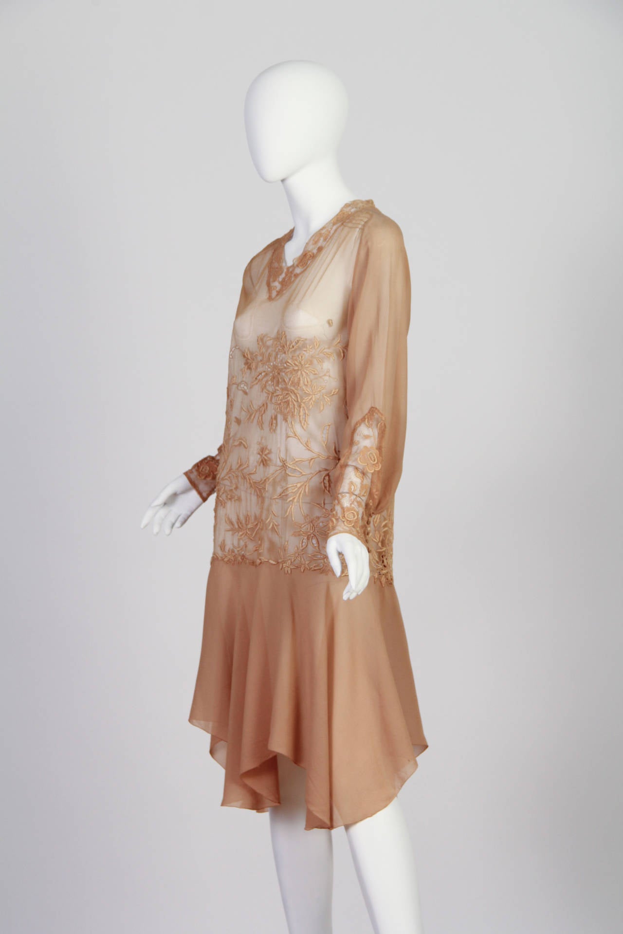 Beige Very Fine Hand Embroidered Lace, Net, and Silk Dress
