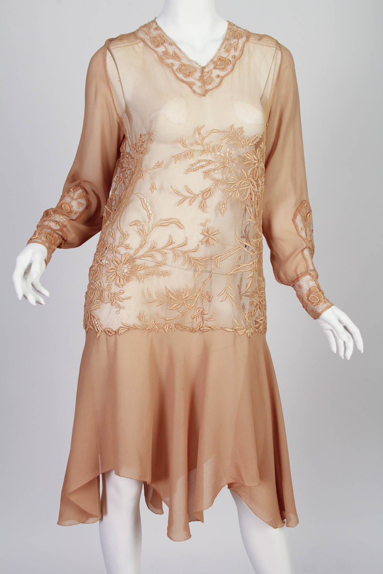 Very Fine Hand Embroidered Lace, Net, and Silk Dress 1