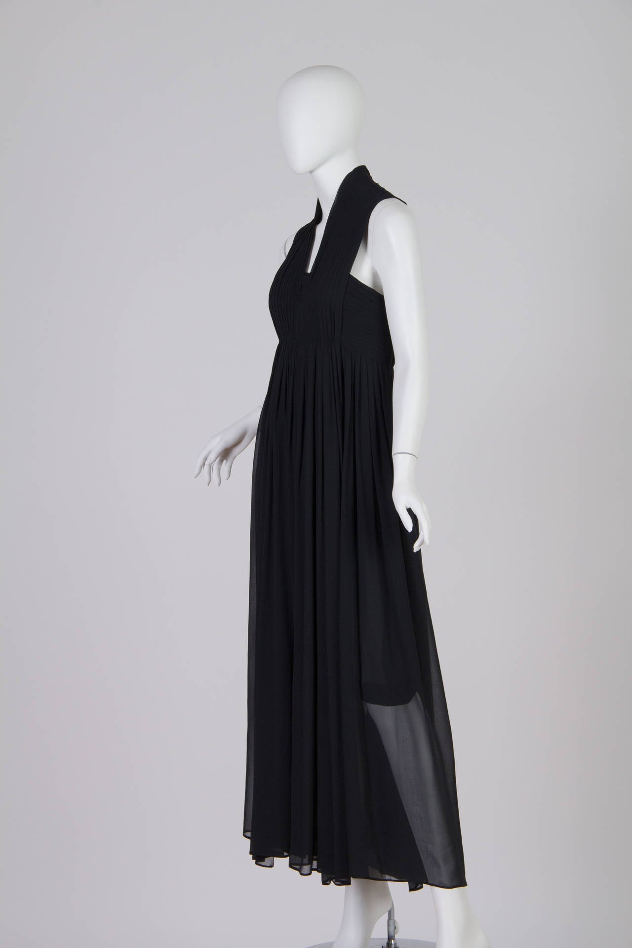 Black Chanel Gown in Pleated Chiffon with Gold Buttons