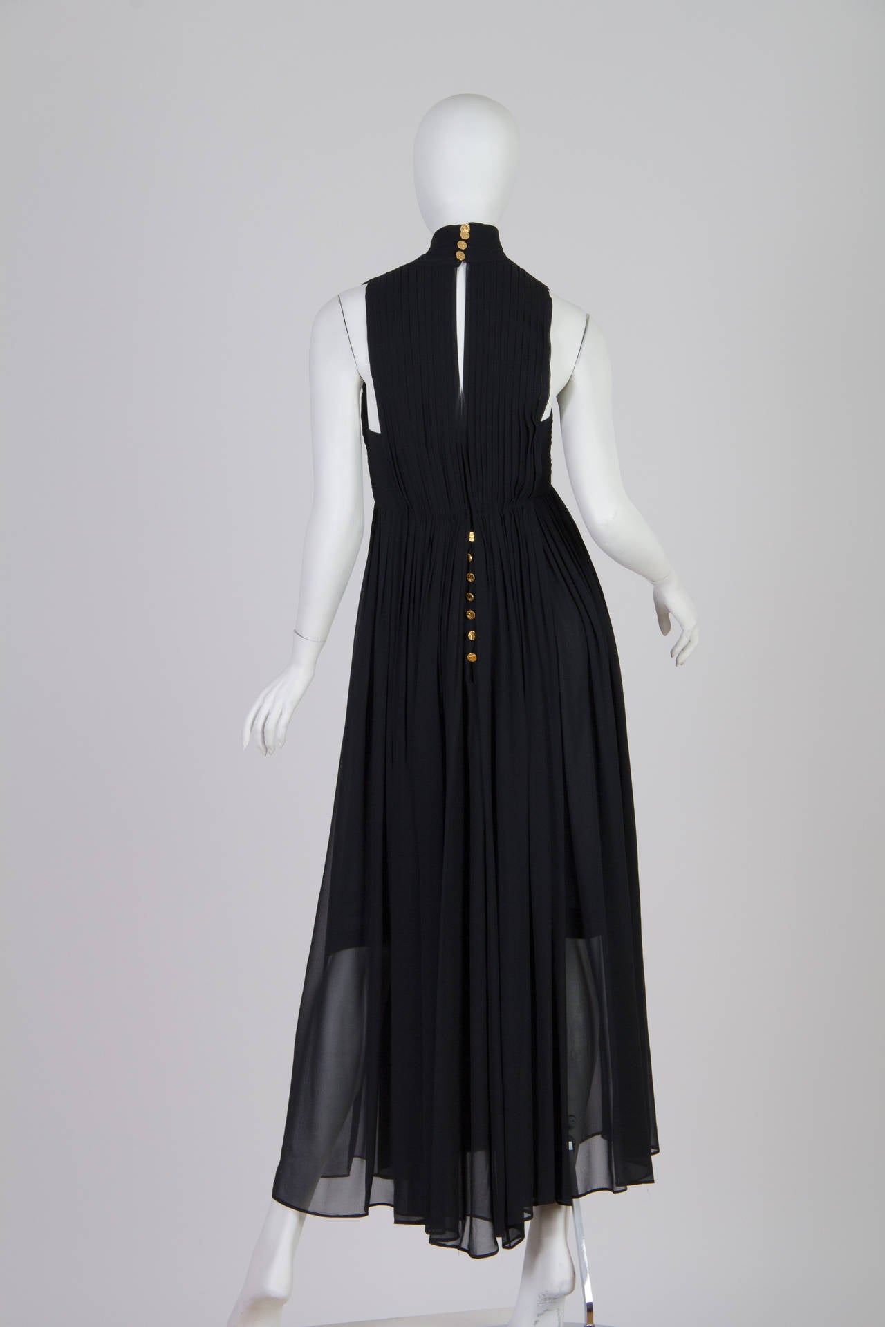Chanel Gown in Pleated Chiffon with Gold Buttons In Excellent Condition In New York, NY
