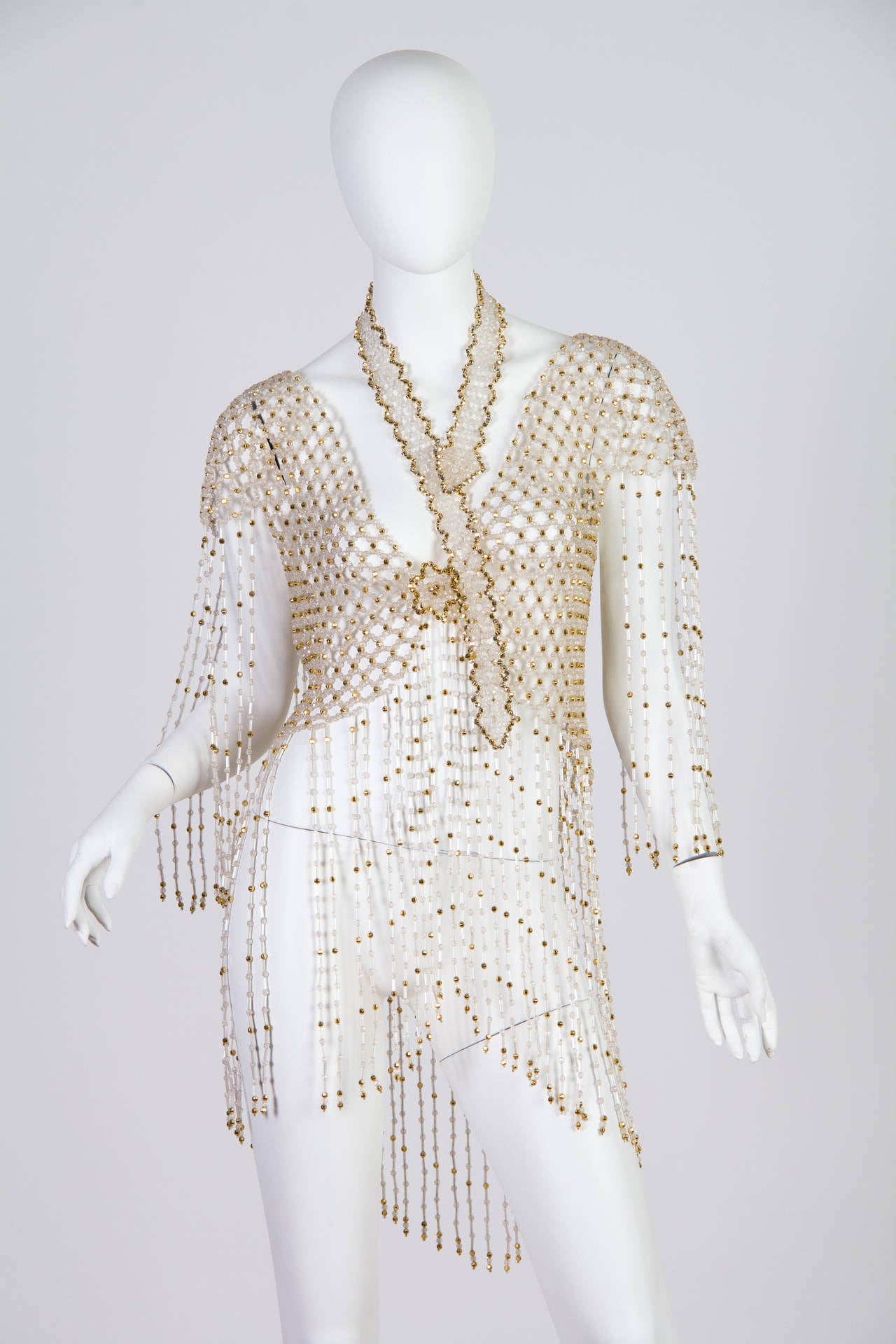 Women's 1960S Gold & Clear Beaded Net JacketTop With Long Fringe Sleeves Hem