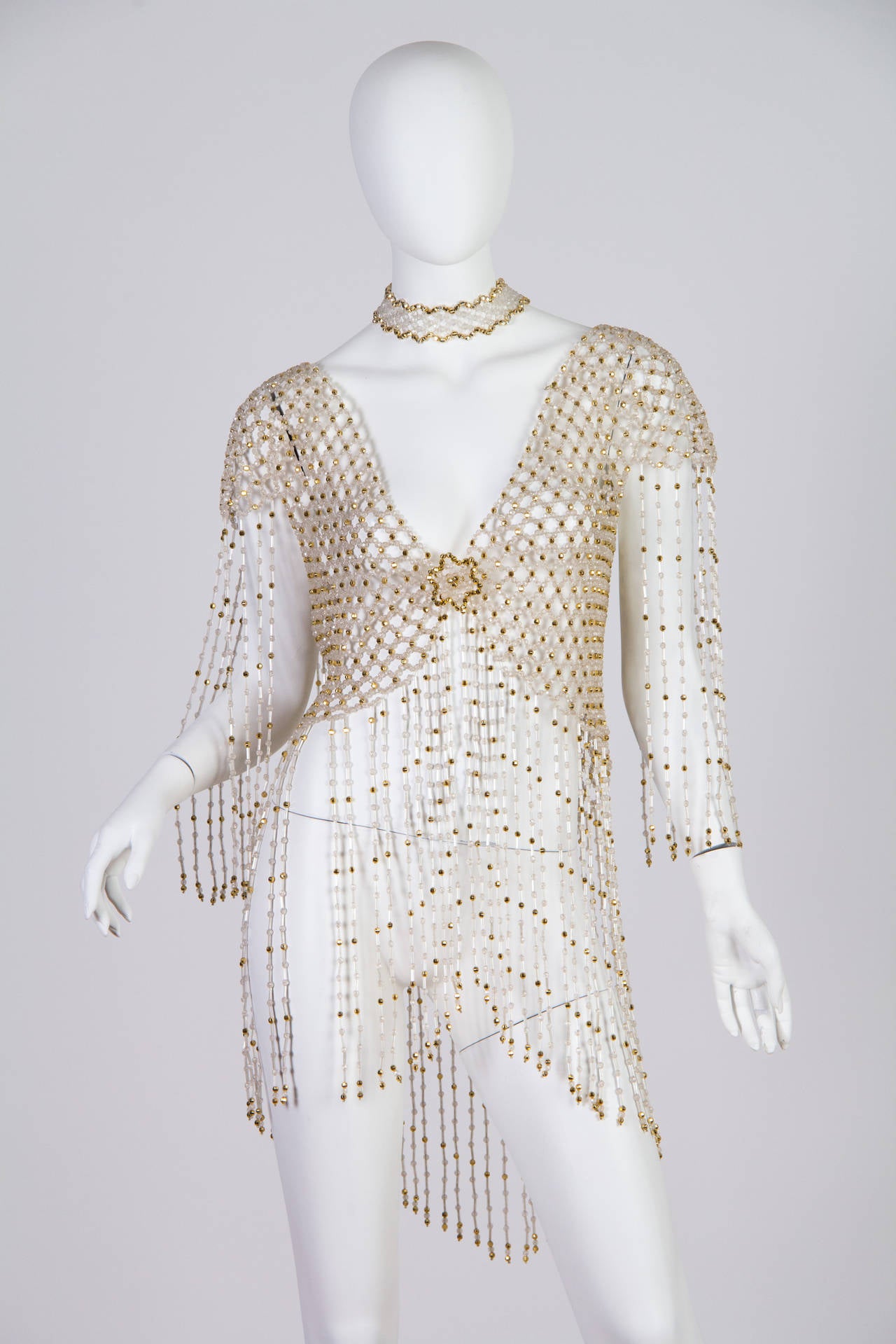 1960S Gold & Clear Beaded Net JacketTop With Long Fringe Sleeves Hem 1