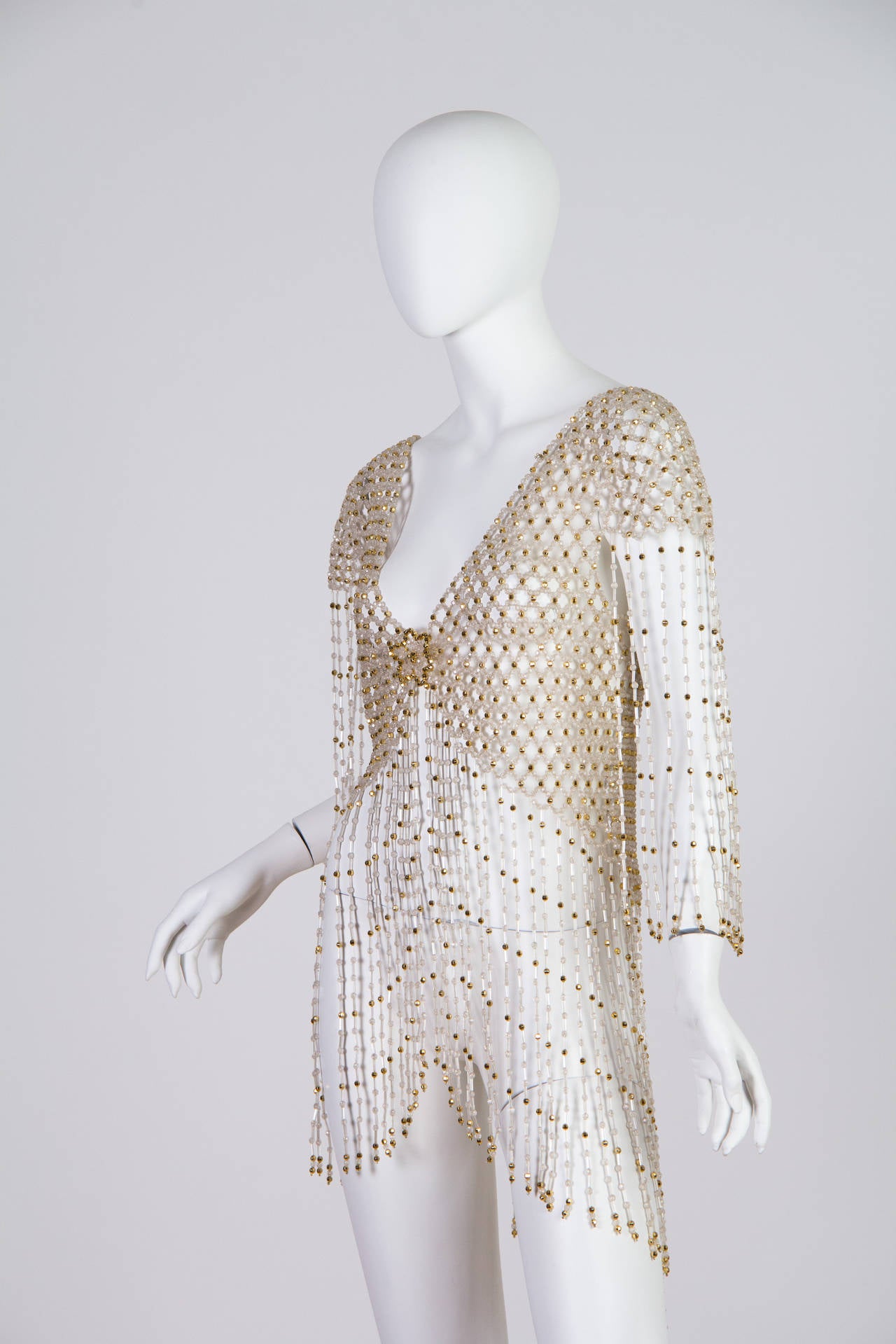 Gray 1960S Gold & Clear Beaded Net JacketTop With Long Fringe Sleeves Hem