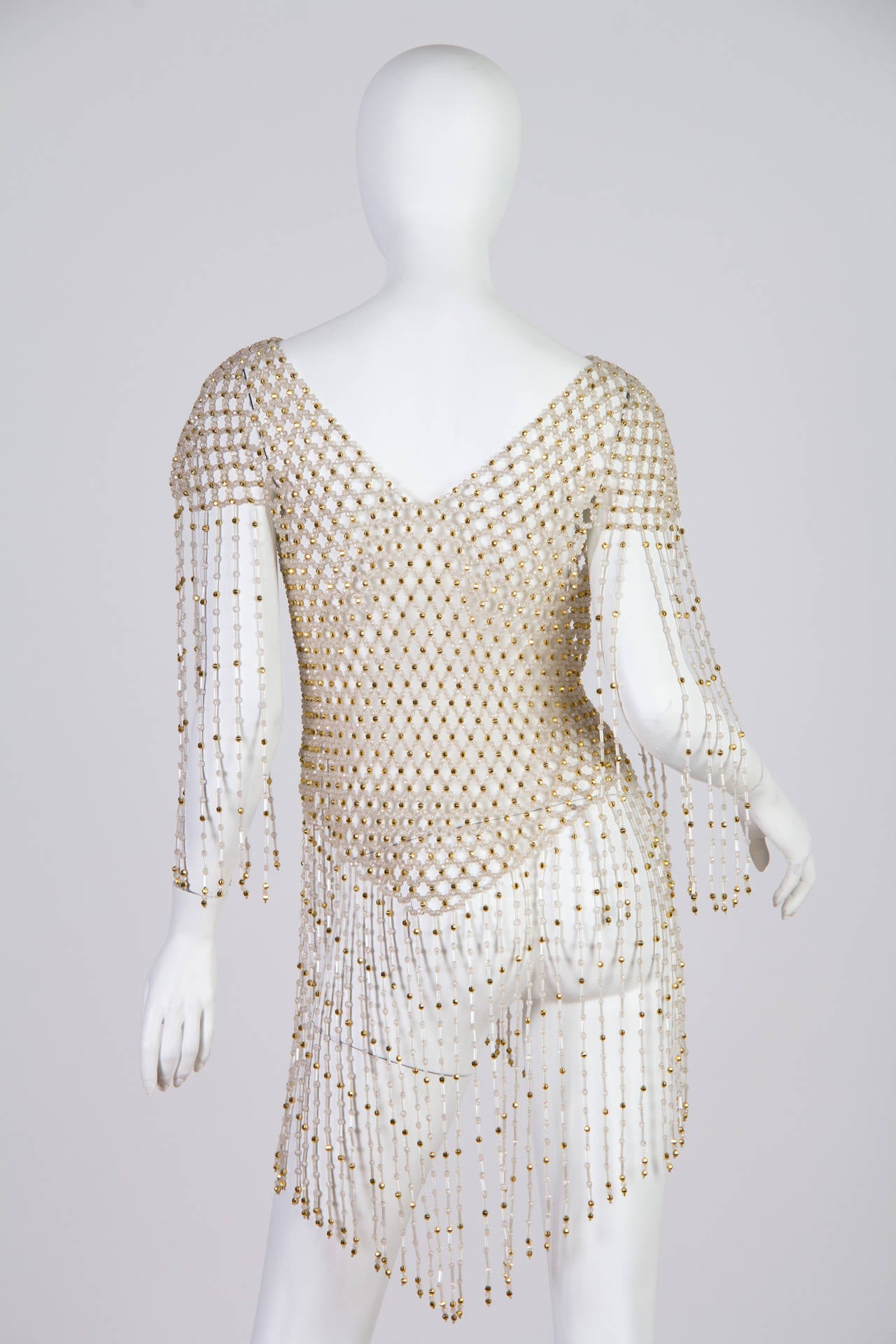 1960S Gold & Clear Beaded Net JacketTop With Long Fringe Sleeves Hem 2