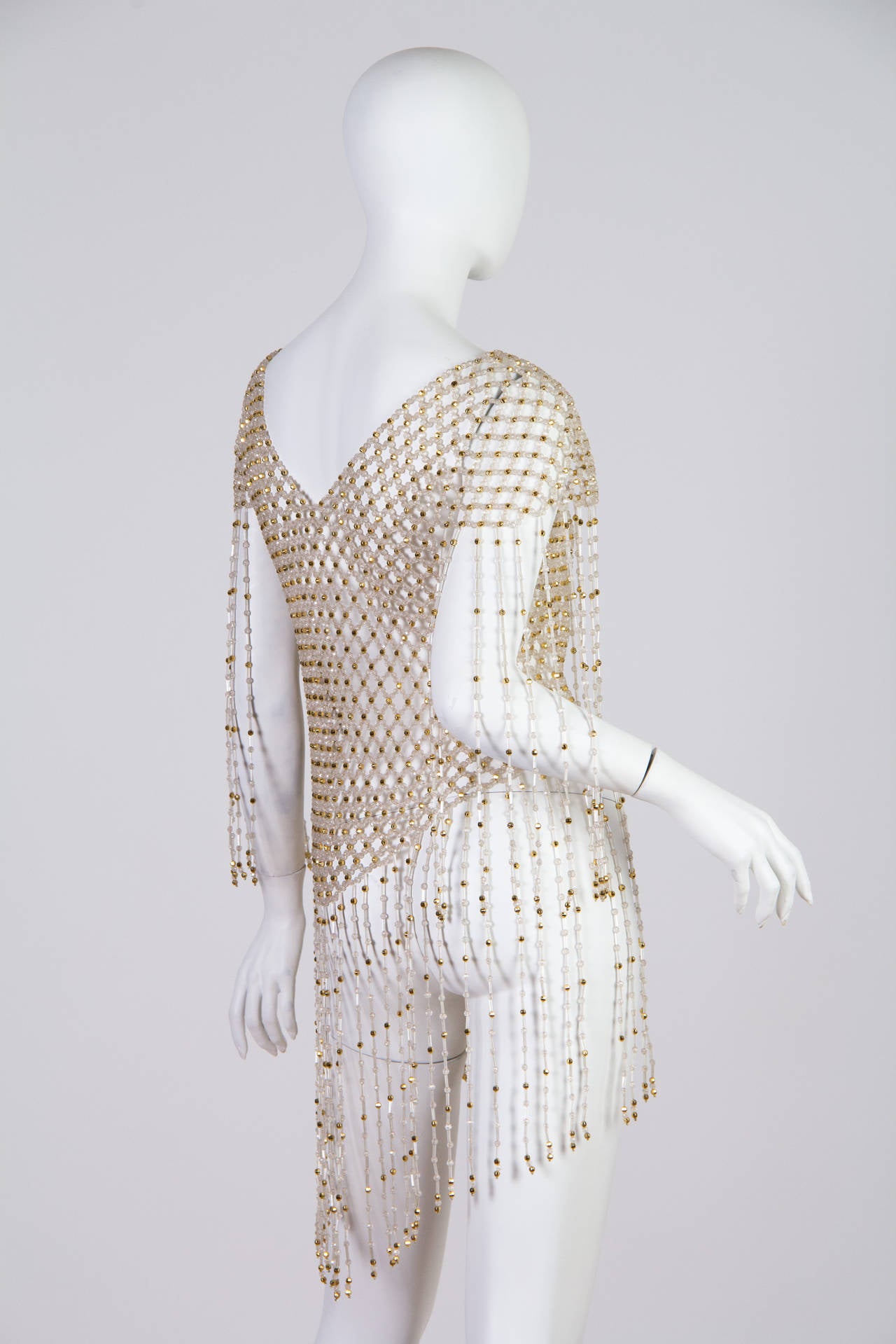 1960S Gold & Clear Beaded Net JacketTop With Long Fringe Sleeves Hem In Excellent Condition In New York, NY