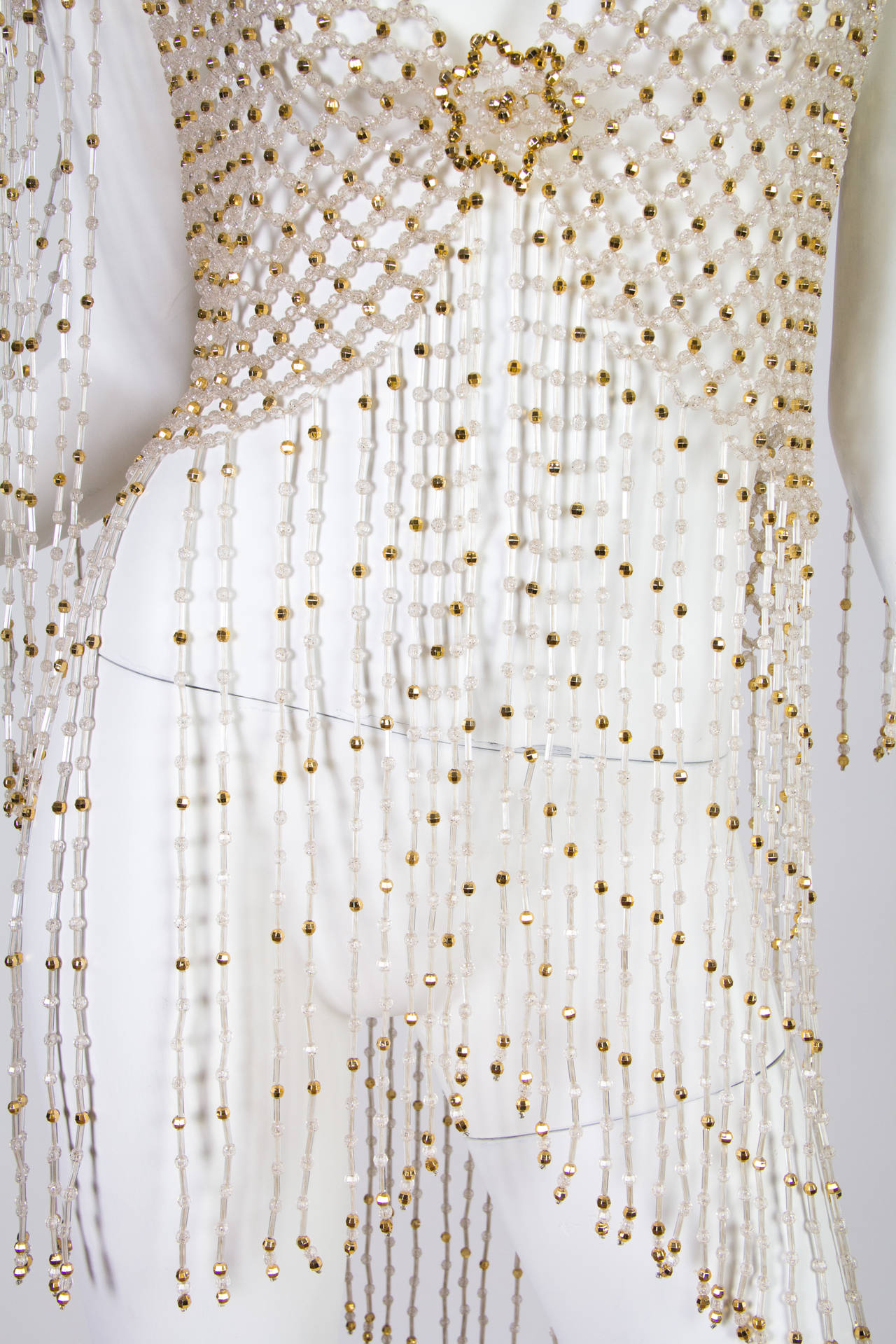 1960S Gold & Clear Beaded Net JacketTop With Long Fringe Sleeves Hem 3