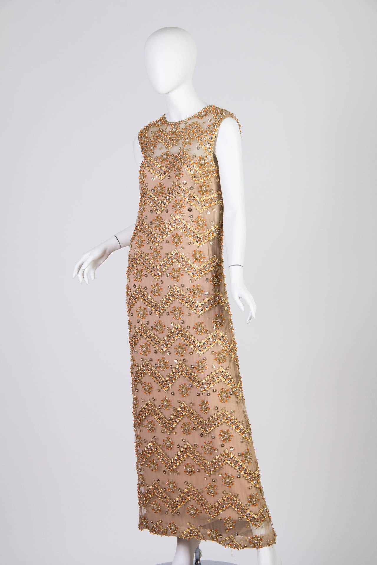 Beige 1960s Malcolm Starr Fully Beaded Gown