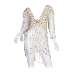 1960S Gold & Clear Beaded Net JacketTop With Long Fringe Sleeves Hem