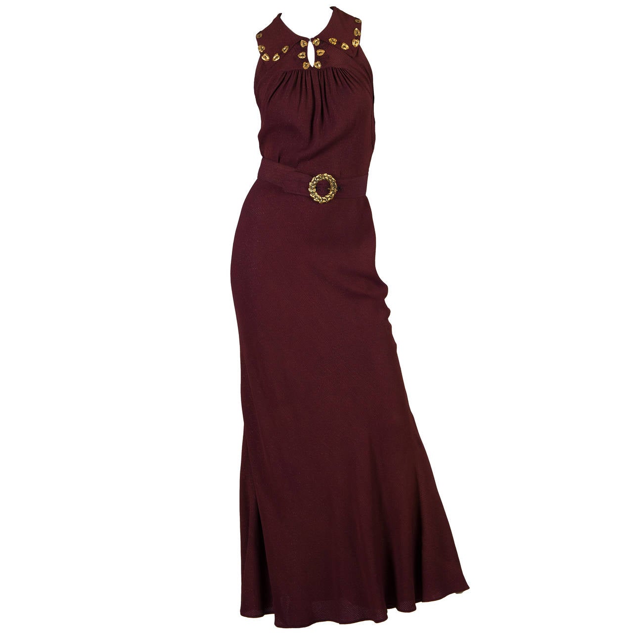 1930S Russet Brown Bias Cut Rayon & Lurex Crepe Gown With Schiaparelli Style Br For Sale