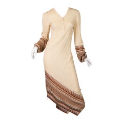 1990S MISSONI Ecru Striped Border Rayon & Cotton Knit Dress With Asymmetrical H