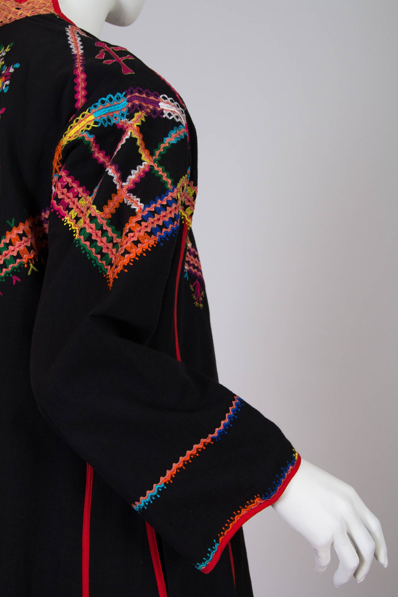 1960S Black Multicolored Powerful Long Embroidered Cloak Kaftan 1