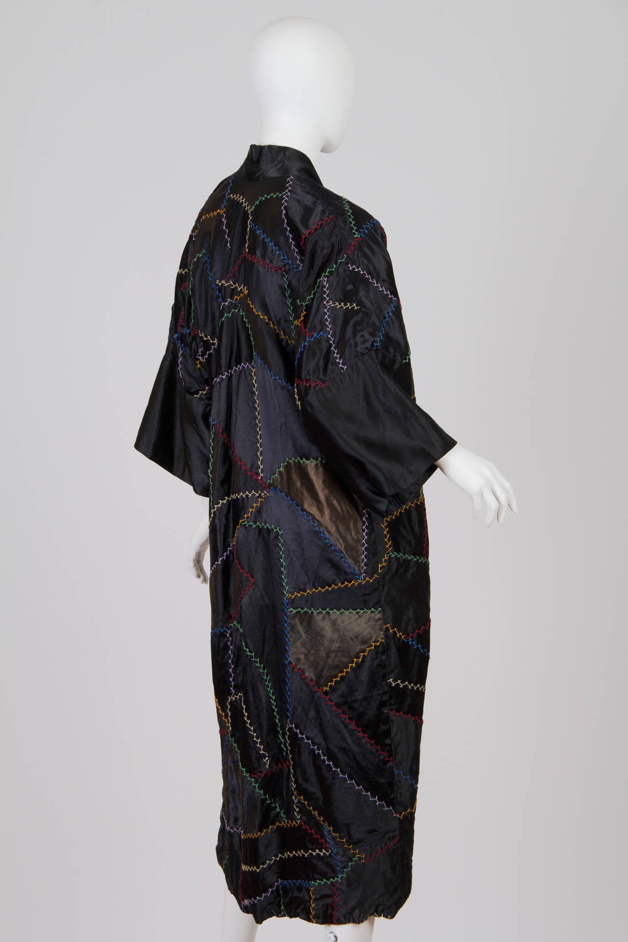 Black 1920s Art Deco Flapper Era Embroidered Silk Crazy Quilt Patchwork Kimono Coat